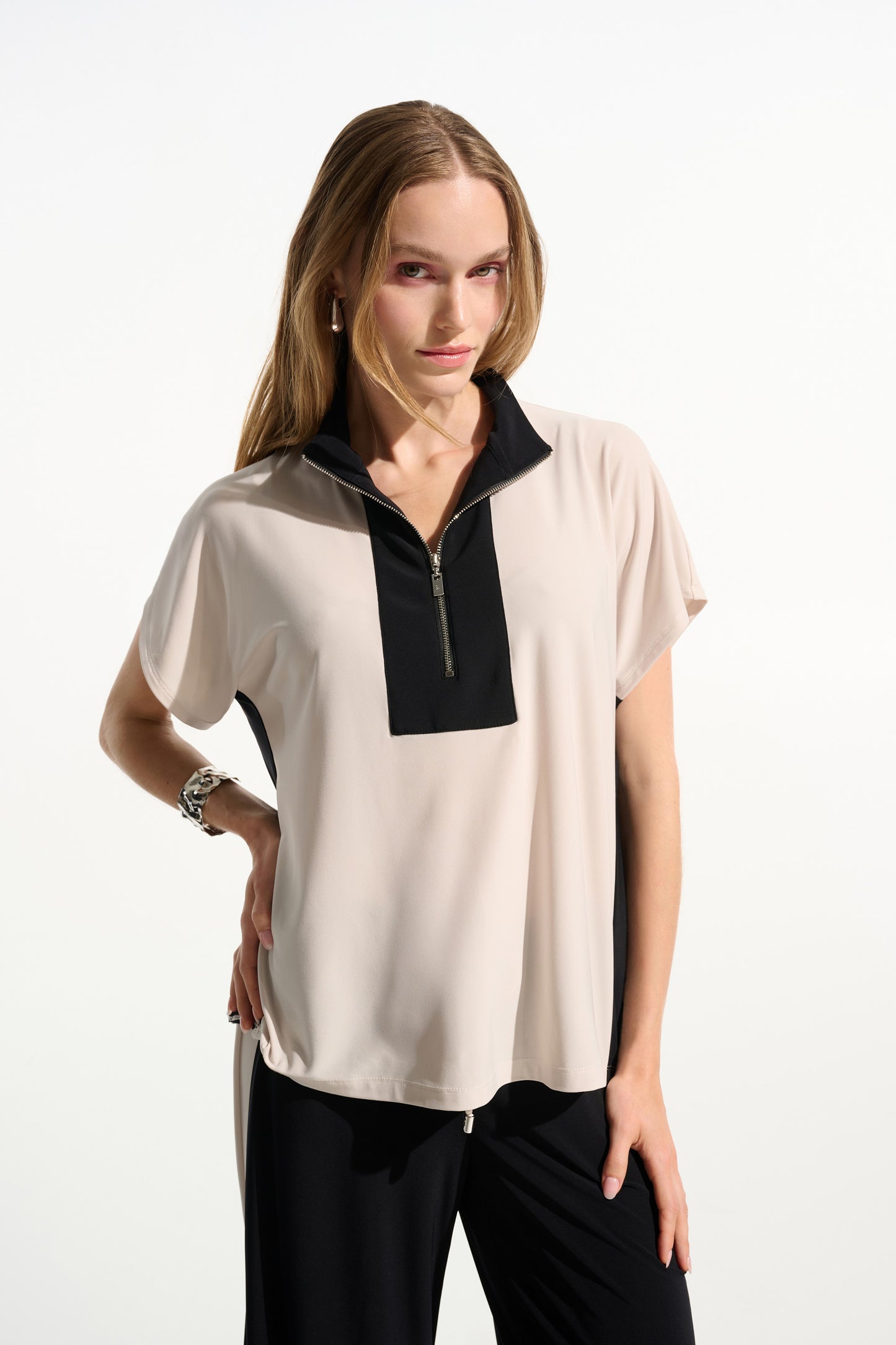 Color Block Top With Zip Collar | Moonstone/Black