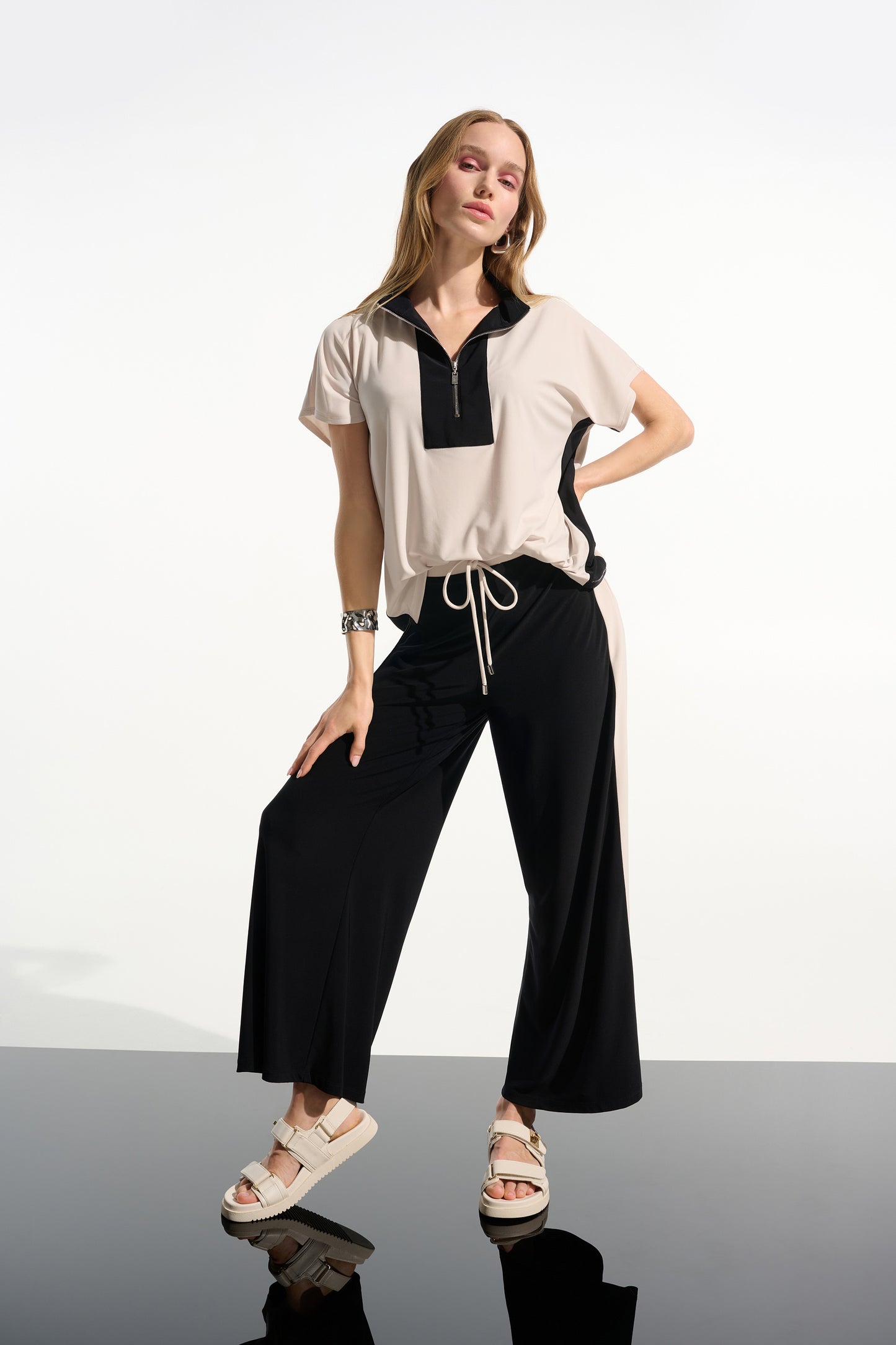 Color Block Top With Zip Collar | Moonstone/Black