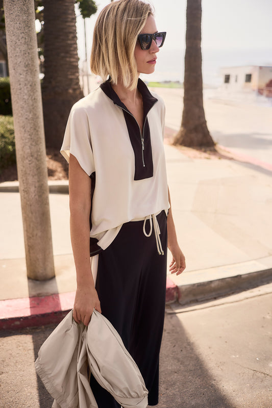 Color Block Top With Zip Collar | Moonstone/Black