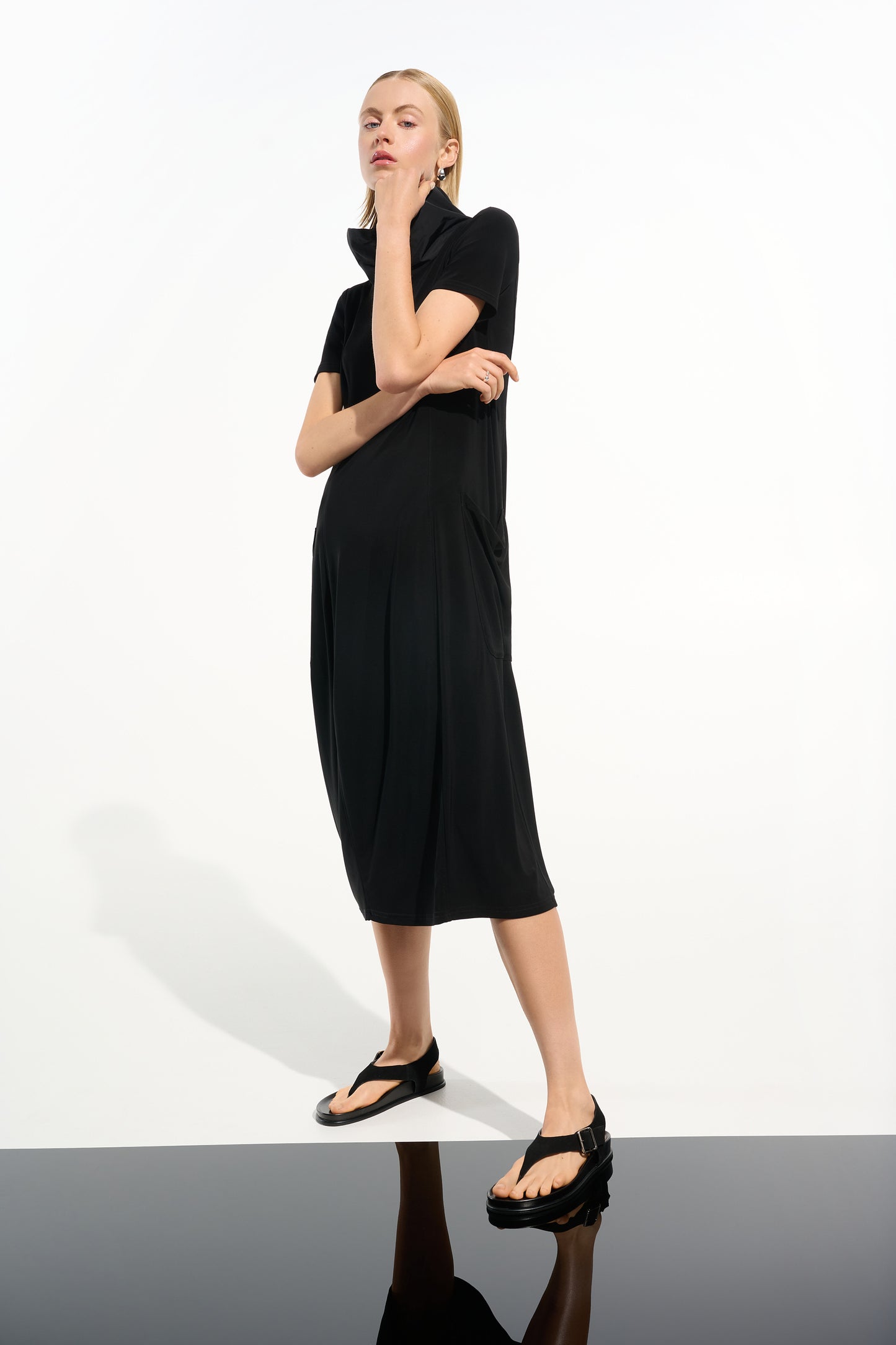 Silky Knit Cocoon Dress With Memory Funnel Collar | Black