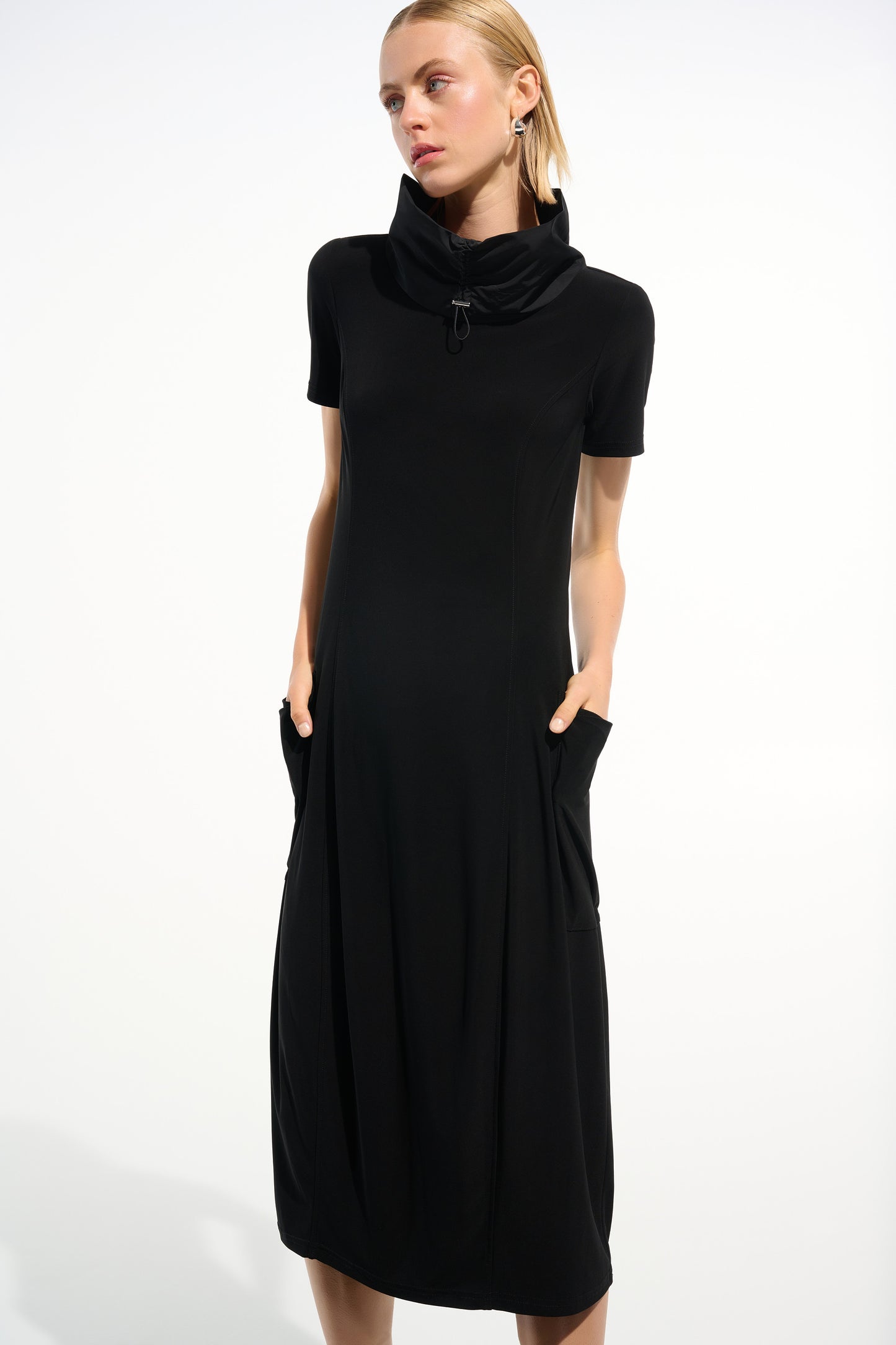 Silky Knit Cocoon Dress With Memory Funnel Collar | Black