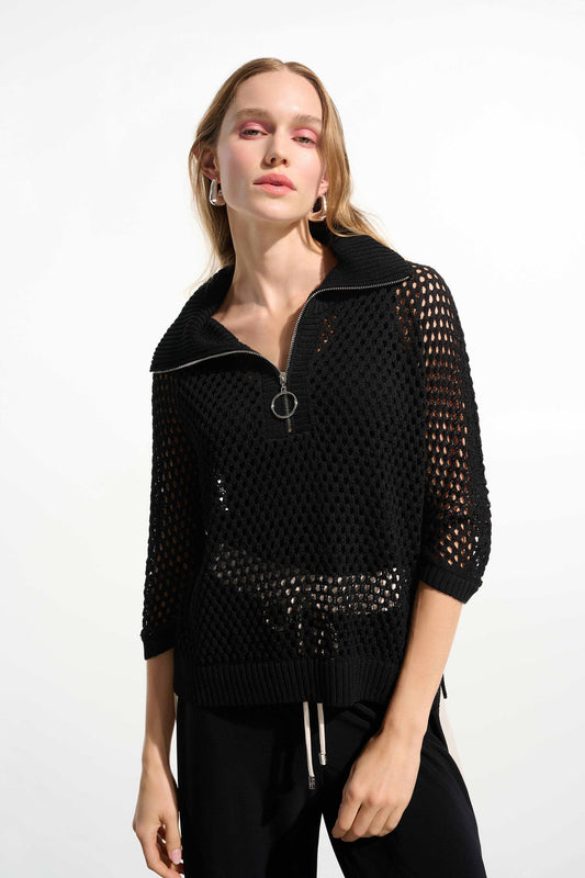 Relaxed Zip Mesh Look Knit | Black