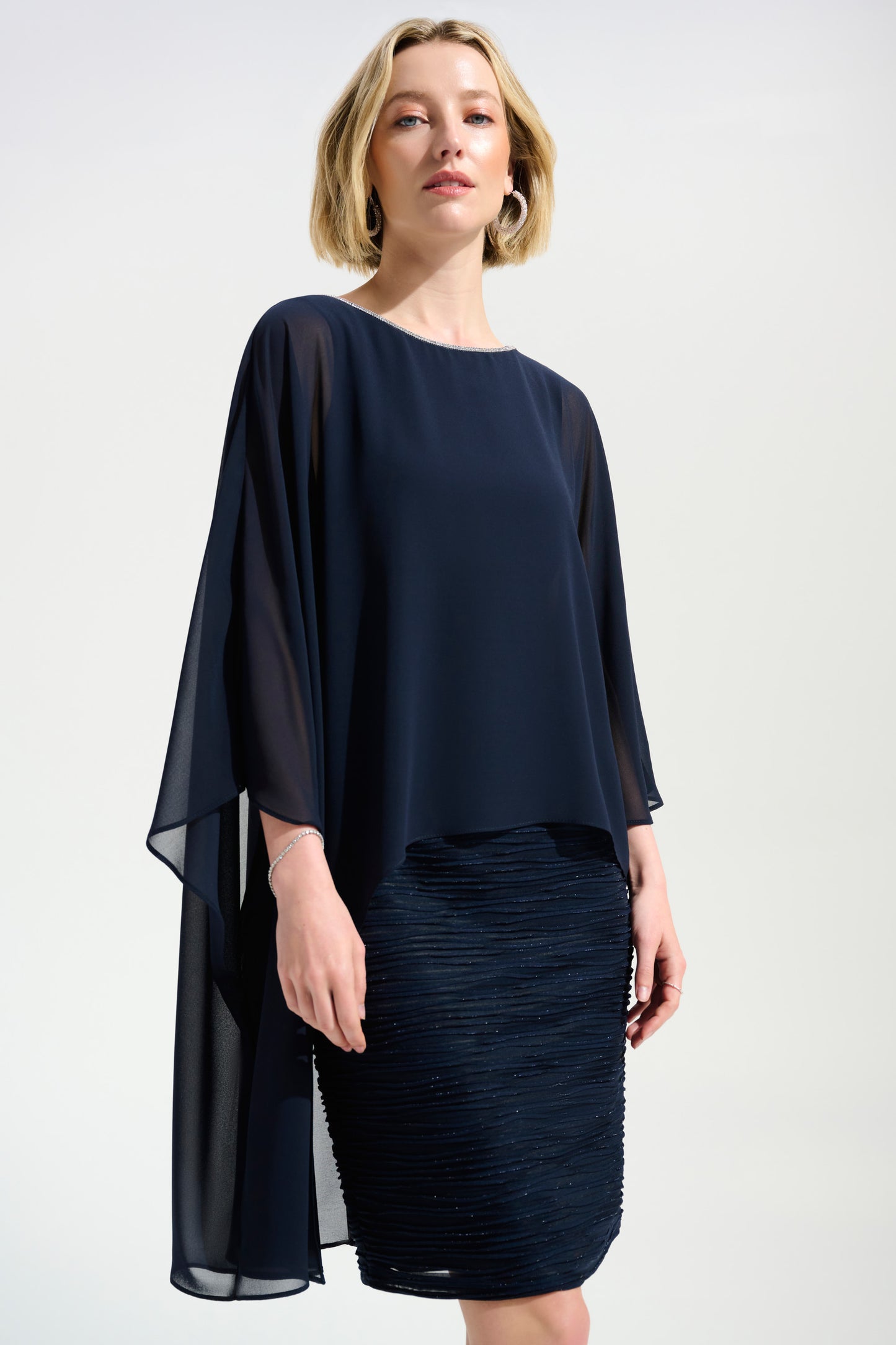 Cascade Knit Sheath Dress With Chiffon Poncho Overlay | Midnight