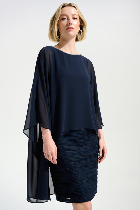 Cascade Knit Sheath Dress With Chiffon Poncho Overlay | Midnight