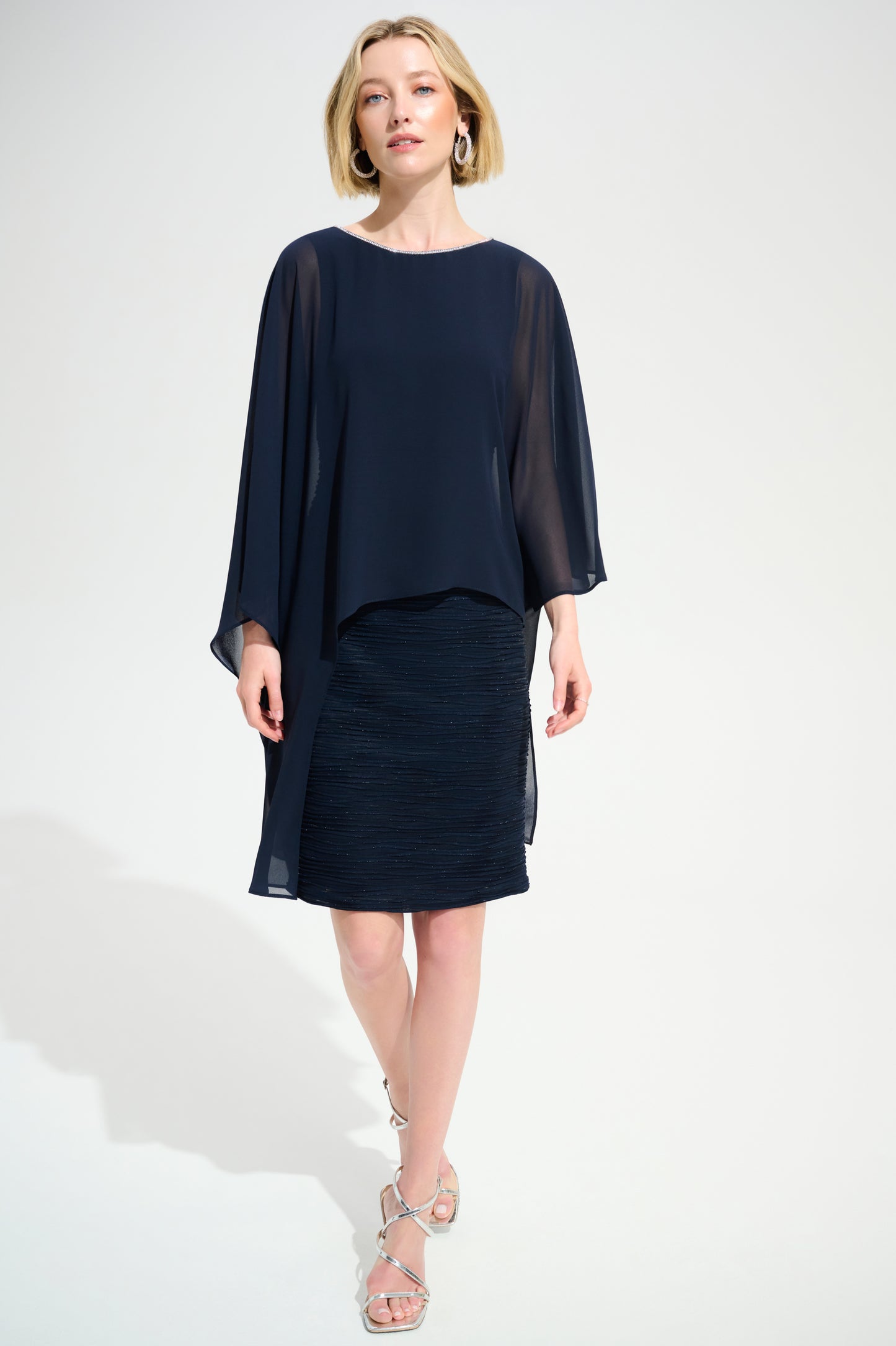 Cascade Knit Sheath Dress With Chiffon Poncho Overlay | Midnight