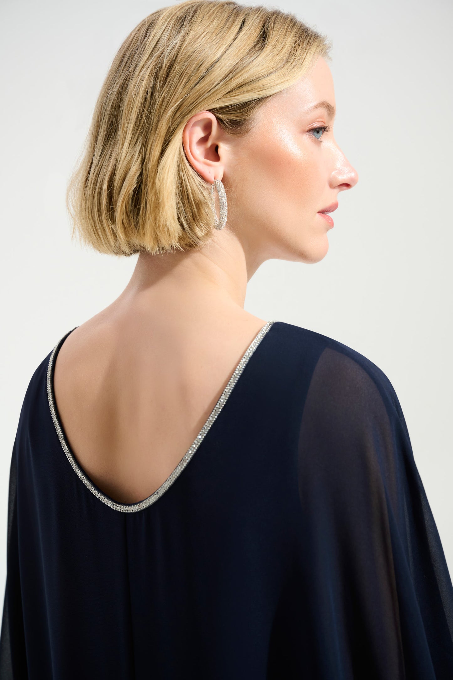 Cascade Knit Sheath Dress With Chiffon Poncho Overlay | Midnight