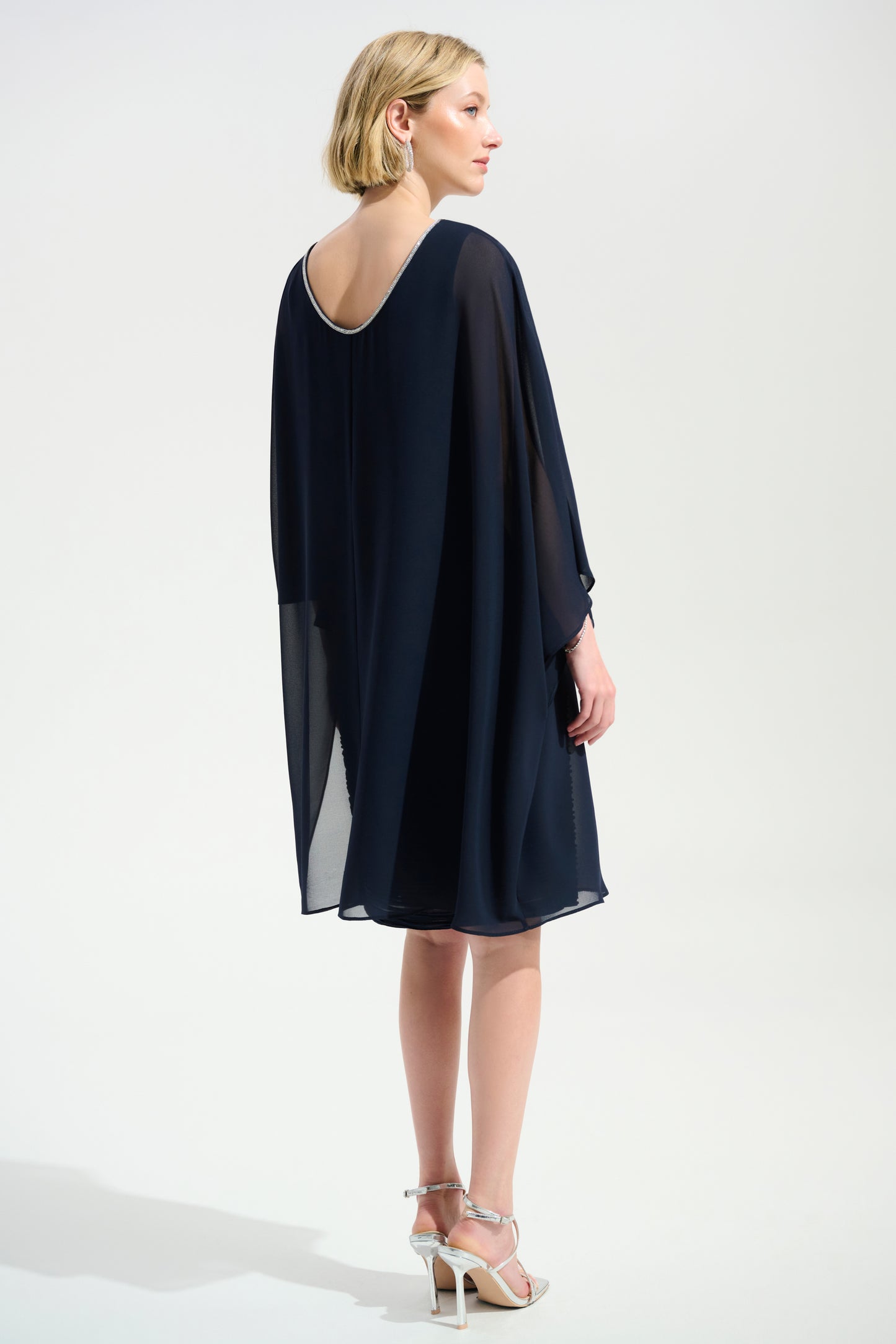Cascade Knit Sheath Dress With Chiffon Poncho Overlay | Midnight