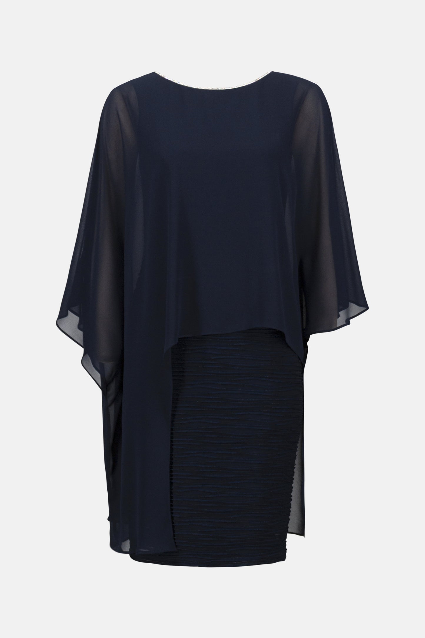 Cascade Knit Sheath Dress With Chiffon Poncho Overlay | Midnight