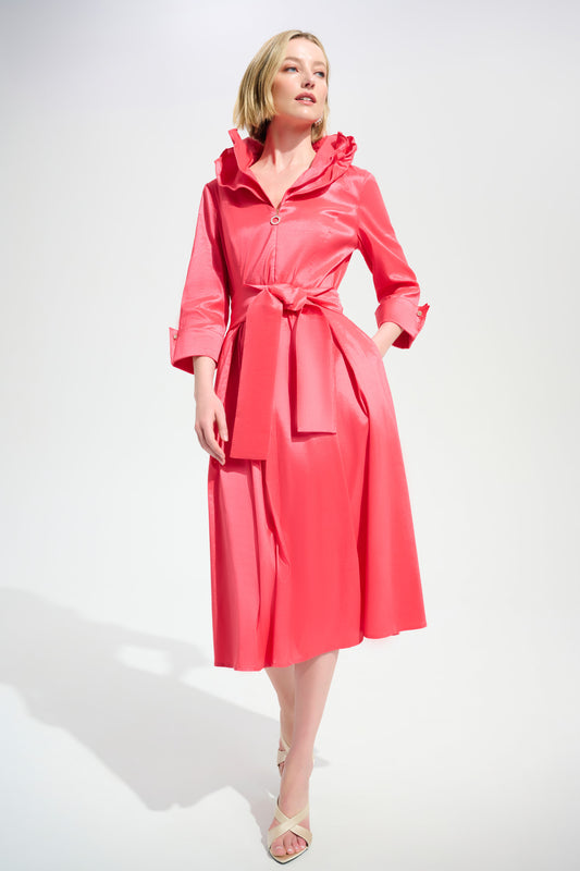 Stretch Taffeta Fit And Flare Dress With Lapel  | Paradise Coral