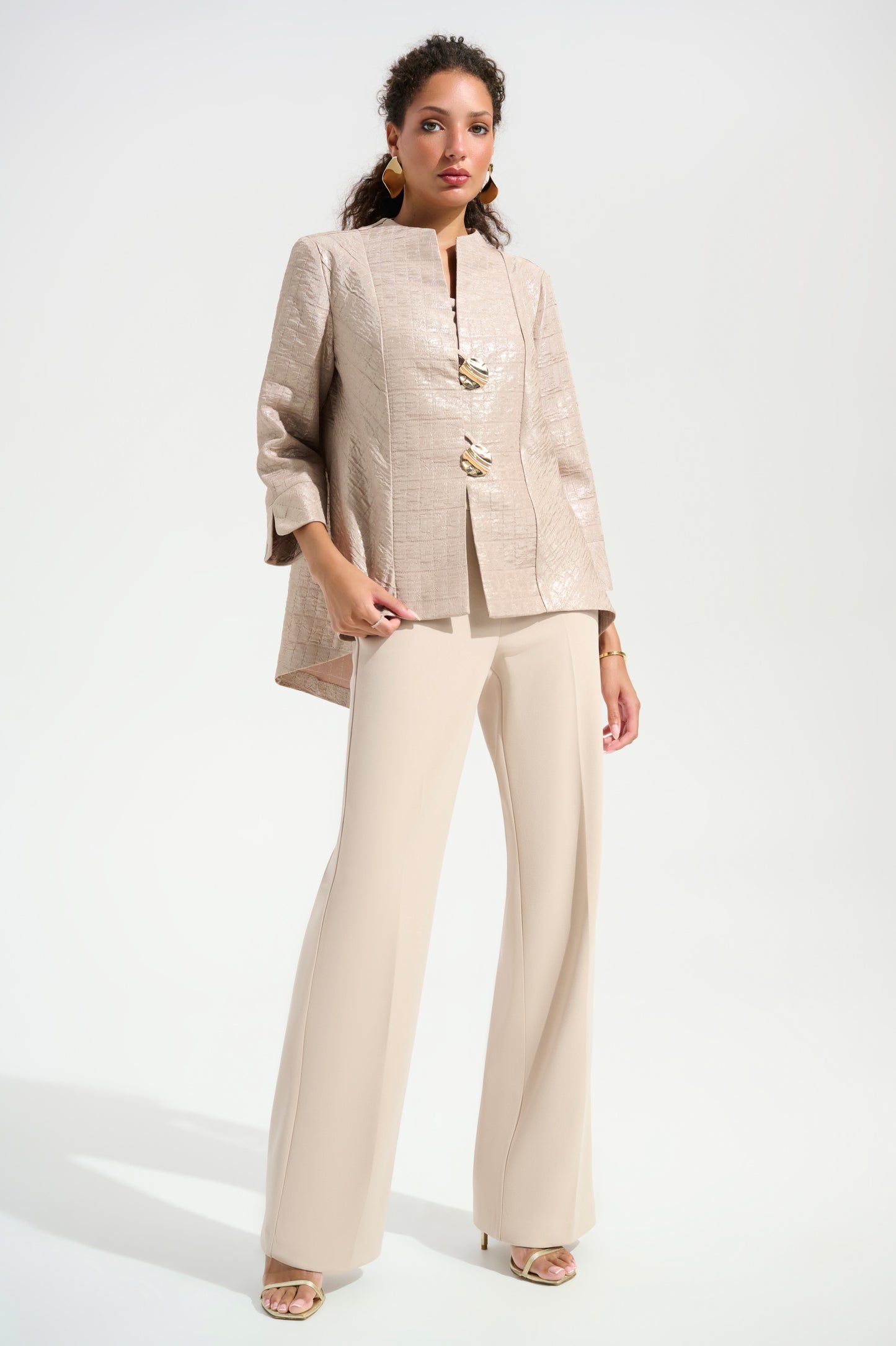 Foiled Jacquard Trapeze Jacket With Statement Button | Sand