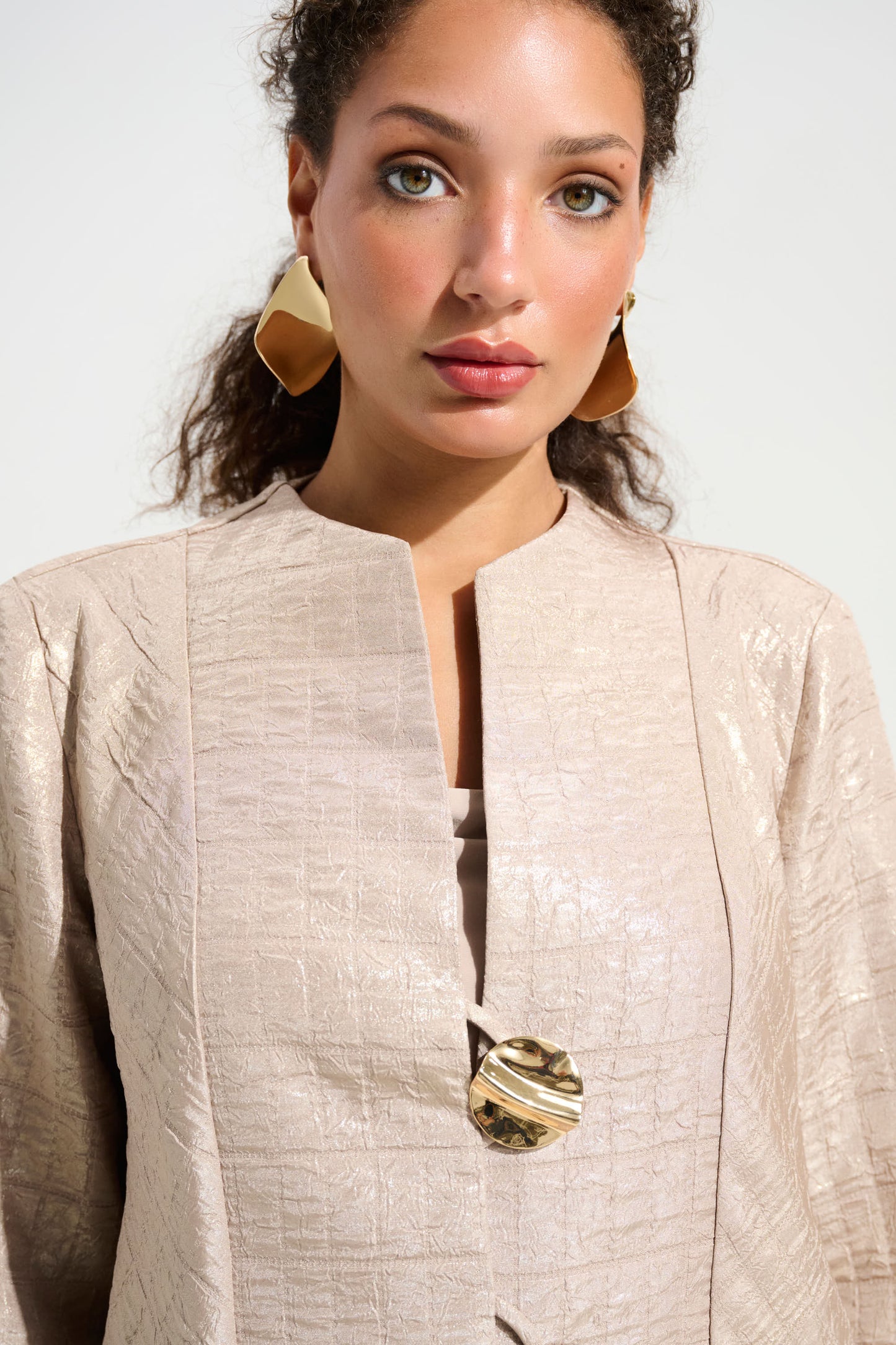 Foiled Jacquard Trapeze Jacket With Statement Button | Sand