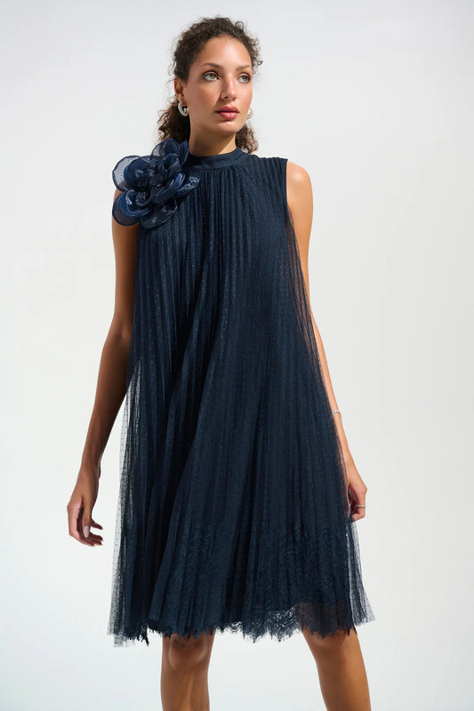 Pleated Mesh Lace  flower Detail Dress | Midnight Blue