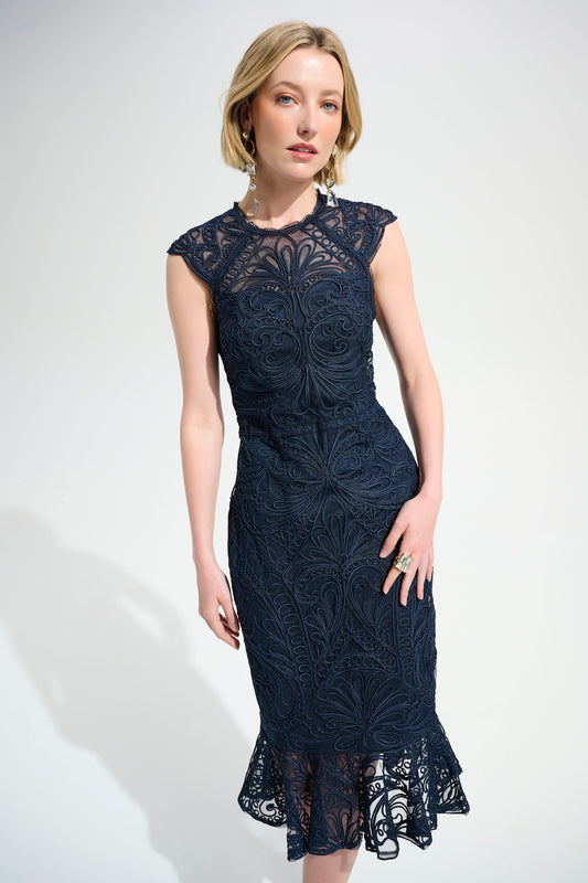 Guipure Soutache Trumpet Dress With Ruffle Hem | Midnight Blue