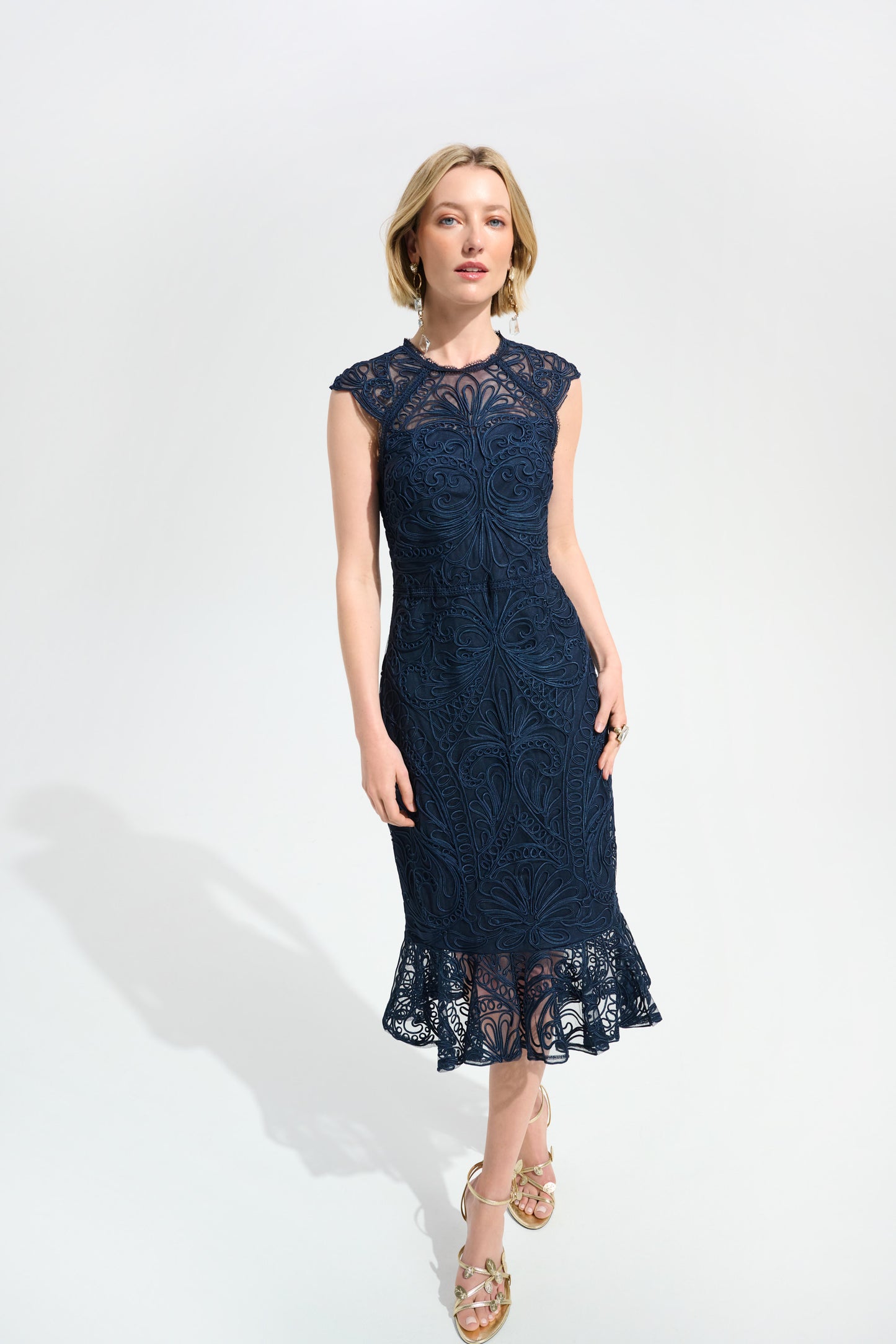 Guipure Soutache Trumpet Dress With Ruffle Hem | Midnight Blue