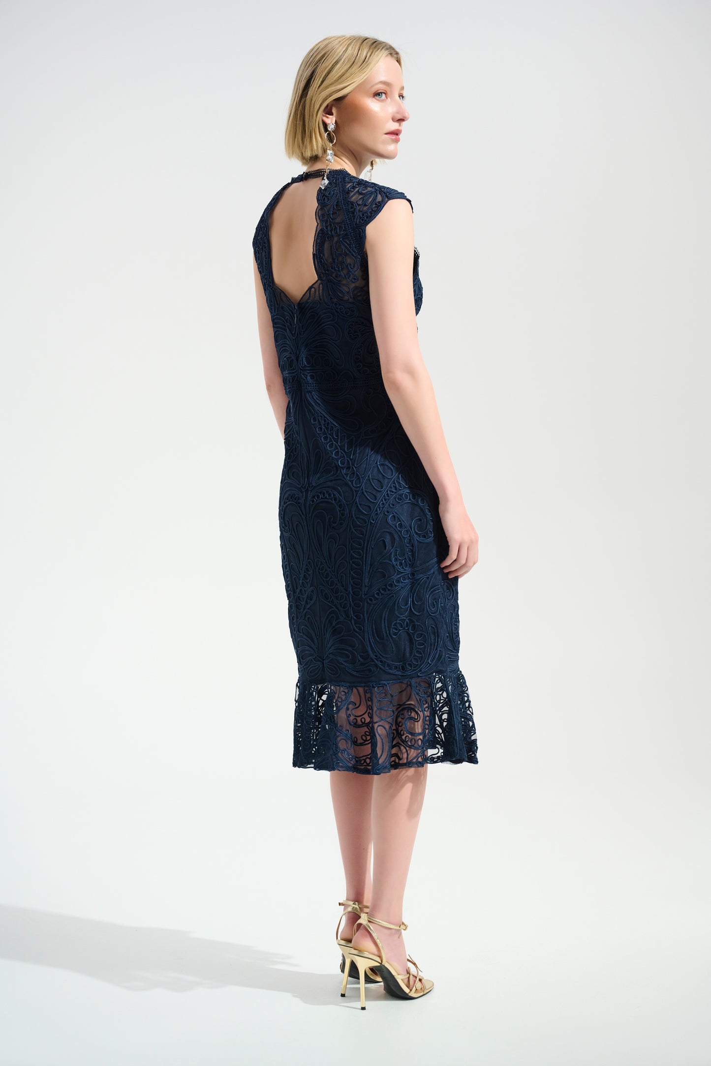 Guipure Soutache Trumpet Dress With Ruffle Hem | Midnight Blue