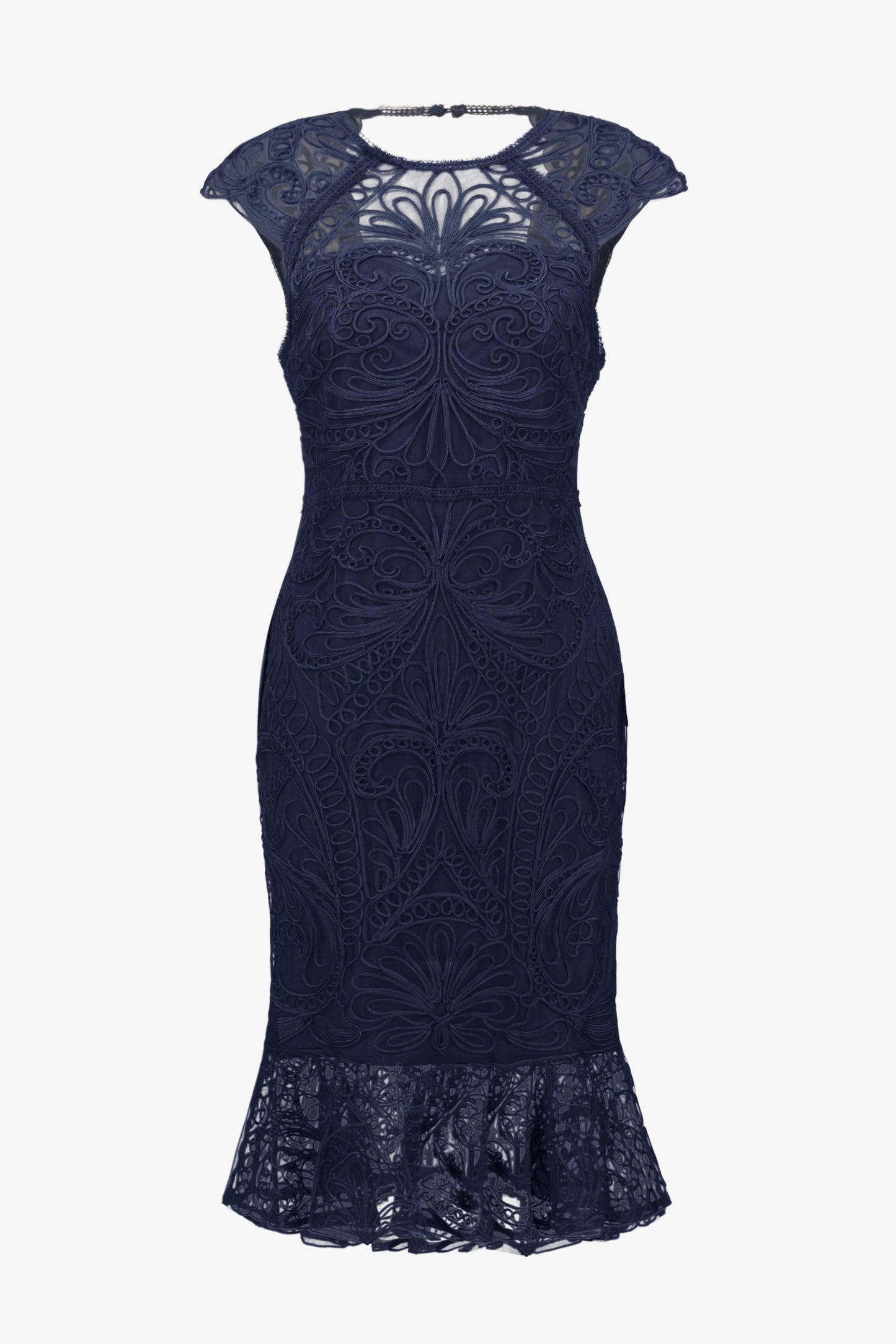 Guipure Soutache Trumpet Dress With Ruffle Hem | Midnight Blue