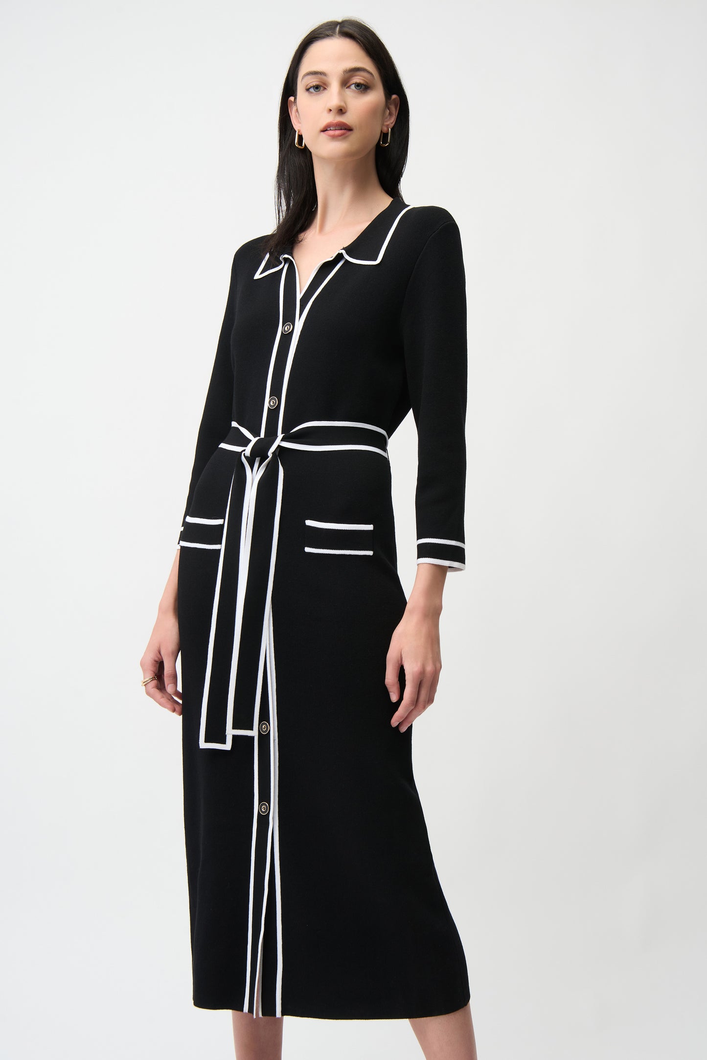Shirt Dress with Contrast Piping And Sash | Black/Vanilla