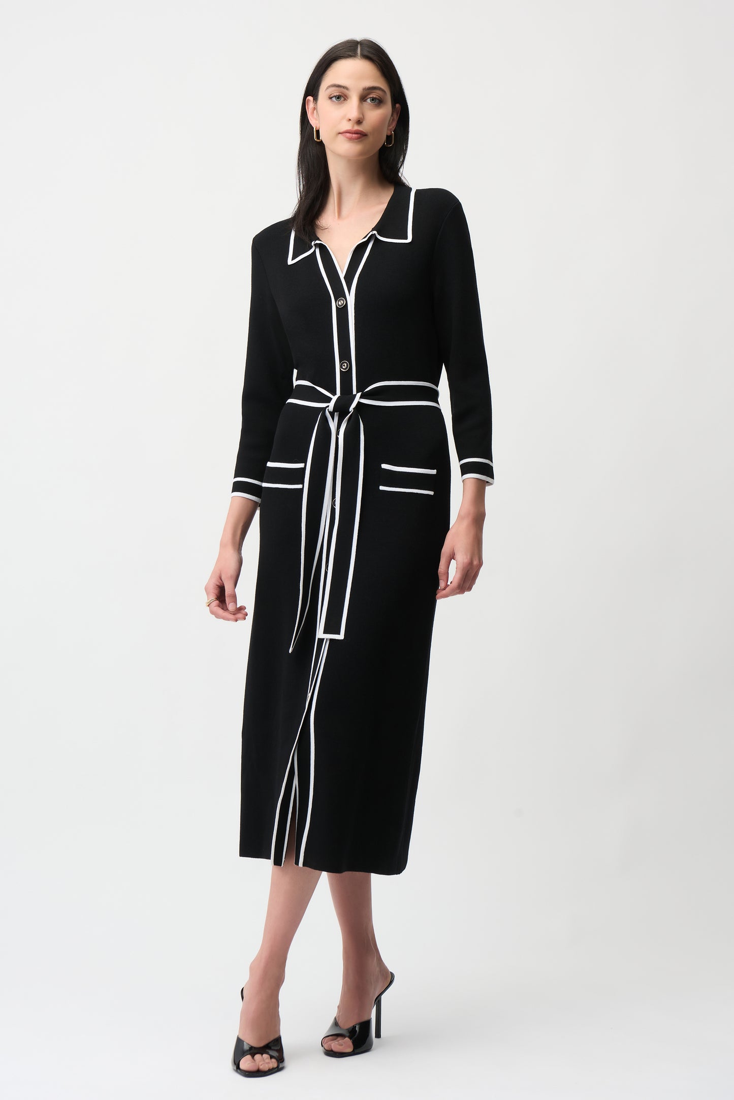 Shirt Dress with Contrast Piping And Sash | Black/Vanilla
