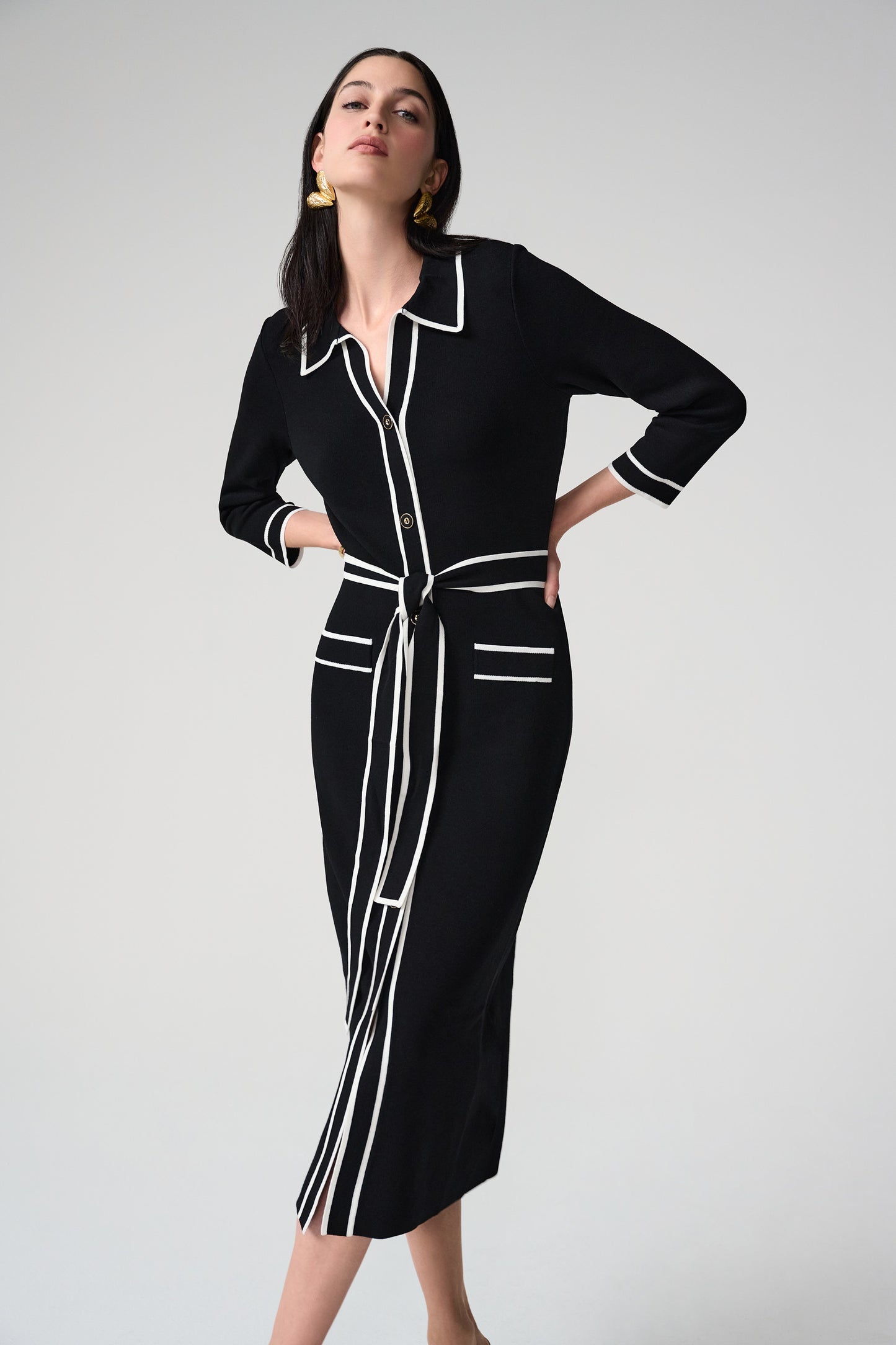 Shirt Dress with Contrast Piping And Sash | Black/Vanilla