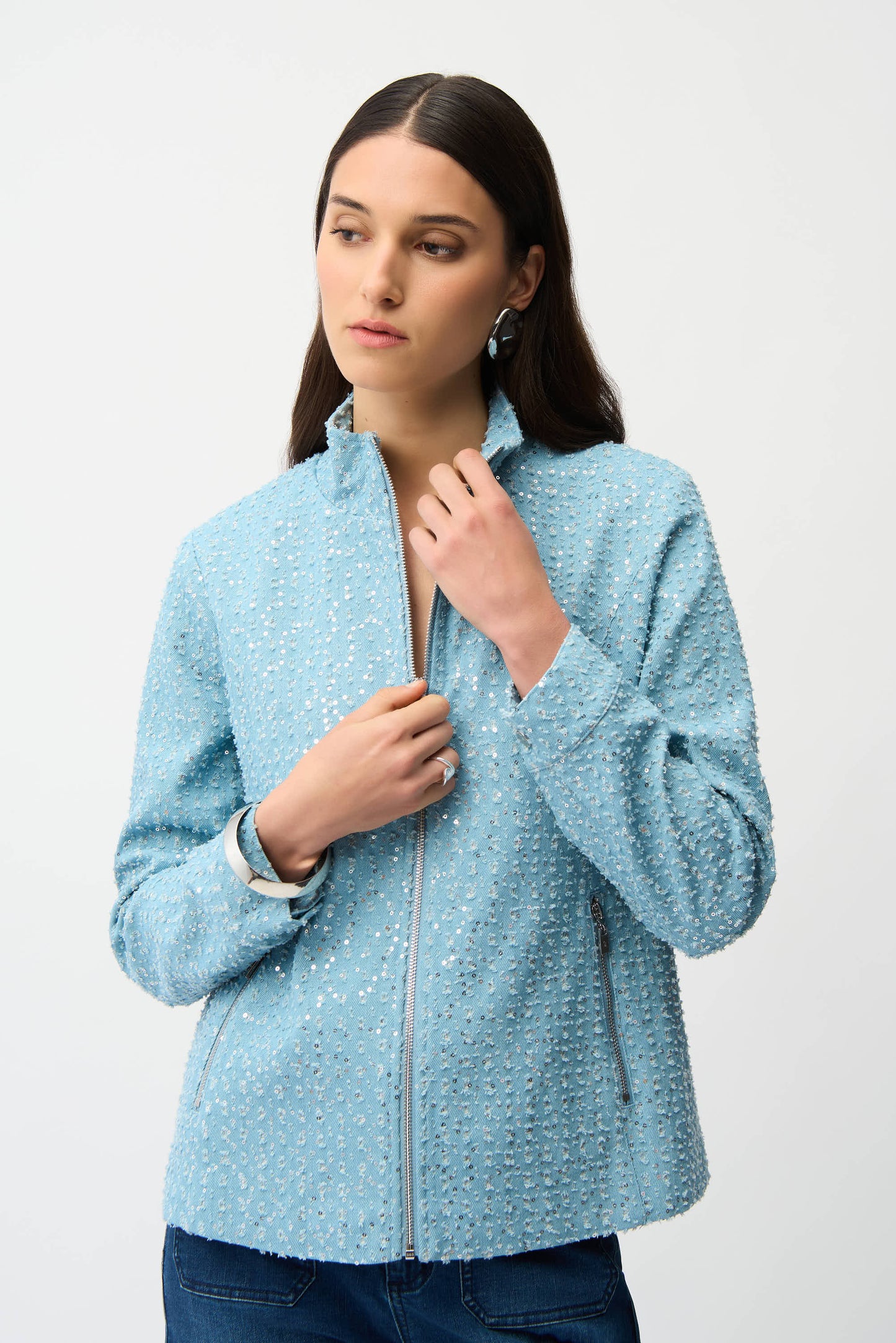 Denim Jacket With Allover Sequins | Sky Blue