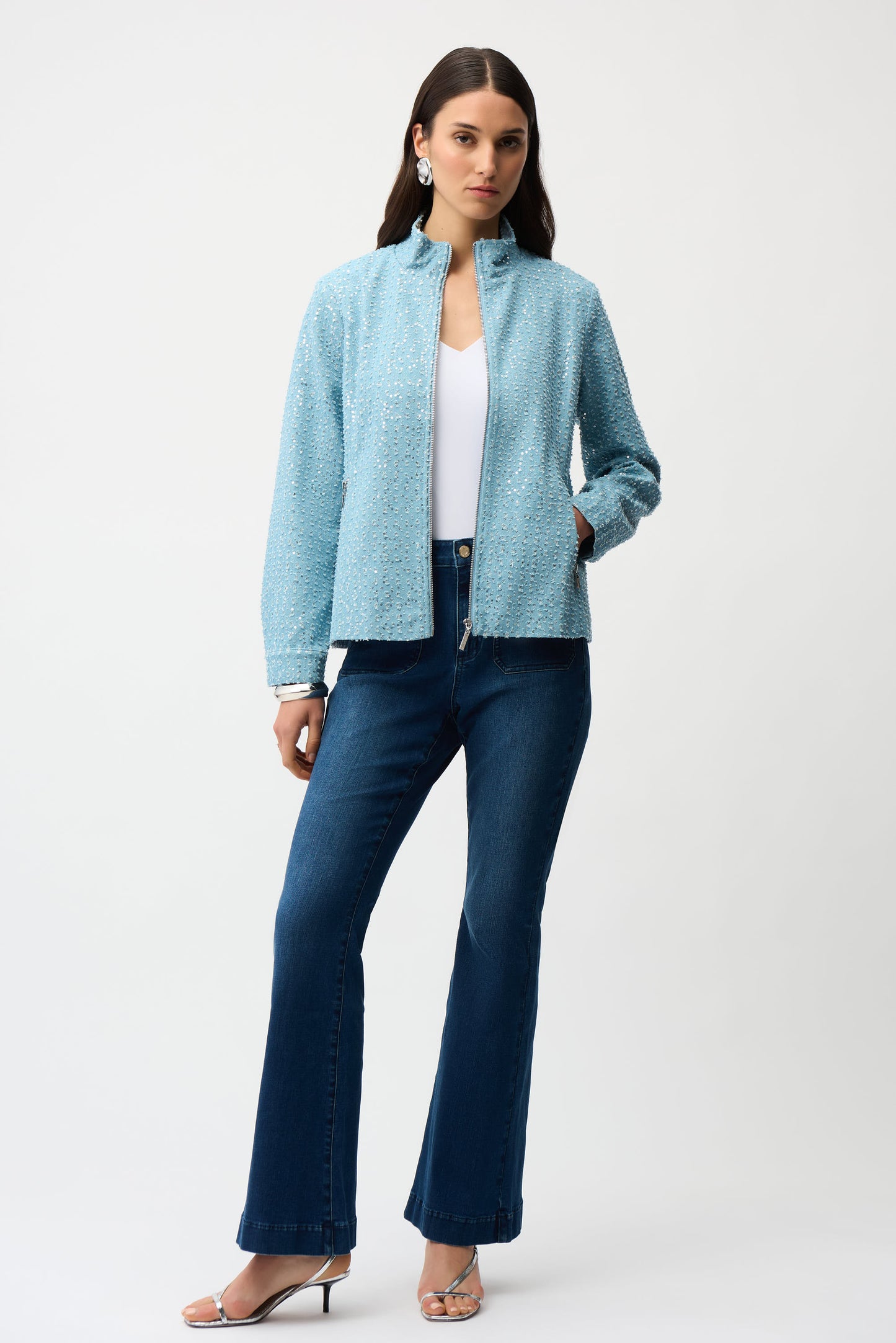 Denim Jacket With Allover Sequins | Sky Blue