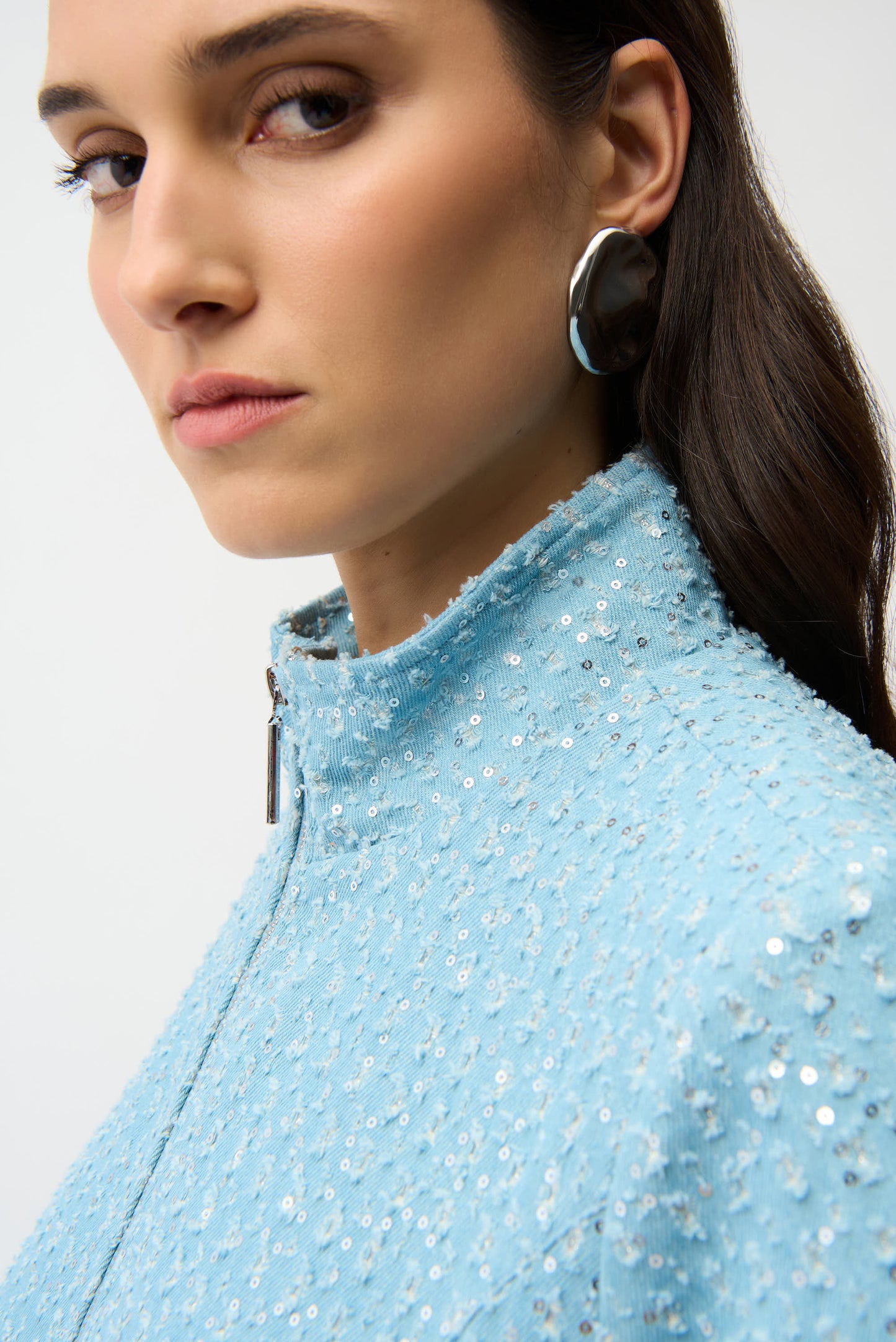 Denim Jacket With Allover Sequins | Sky Blue