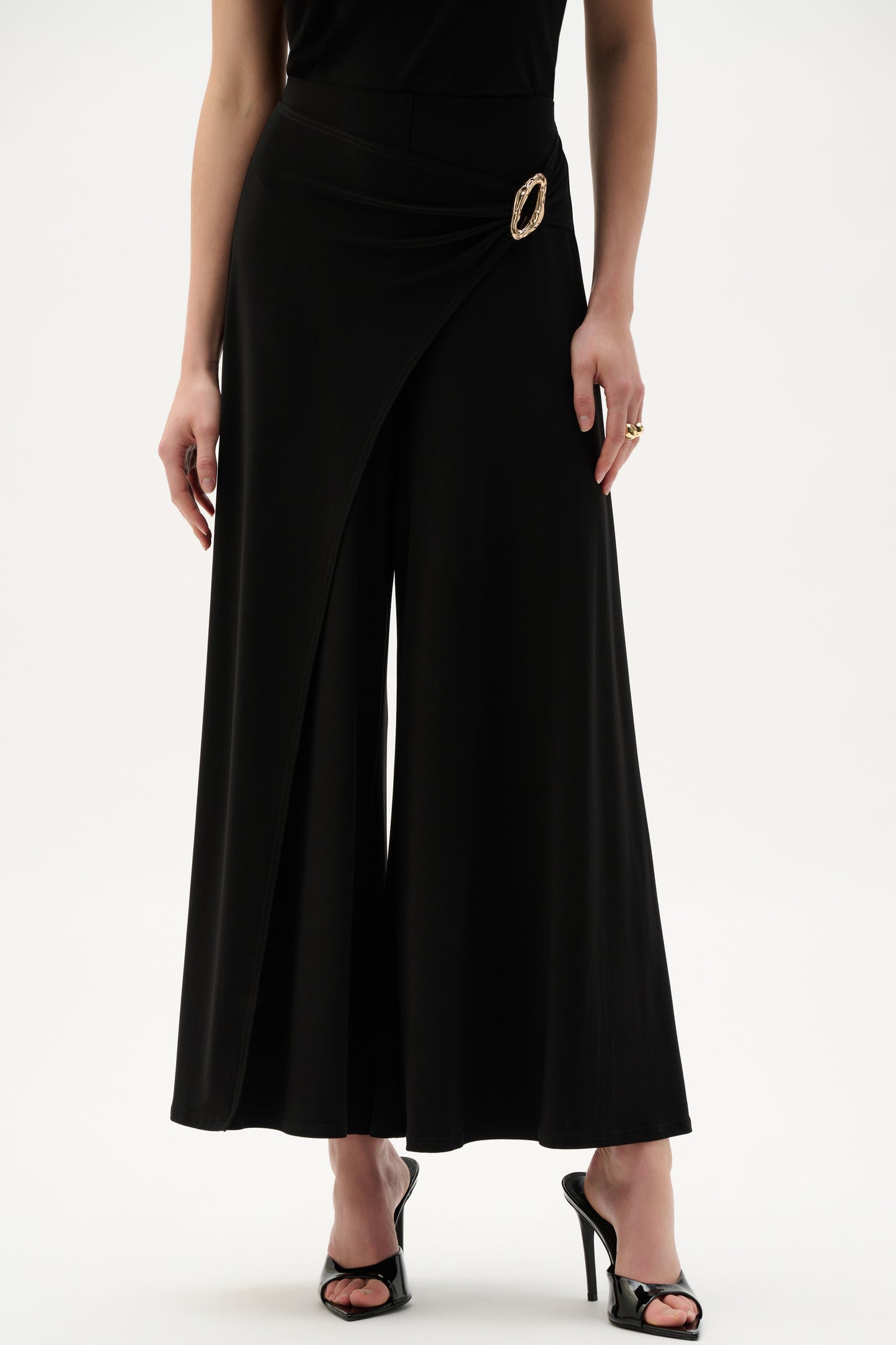 Silky Knit Culotte Pants With Buckle Detail | Black