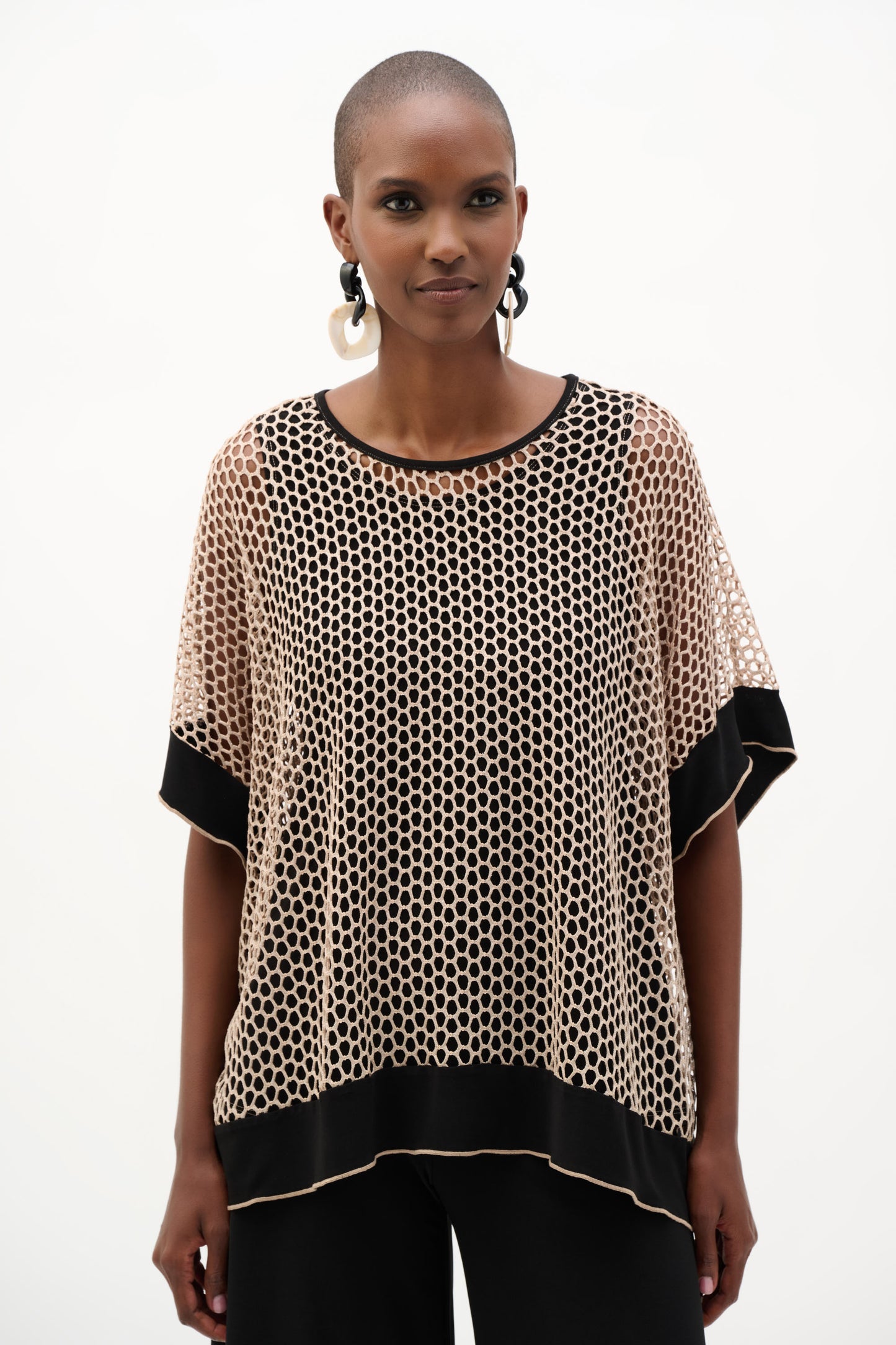 Silky Knit And Mesh Trapeze Top | Black/Beige