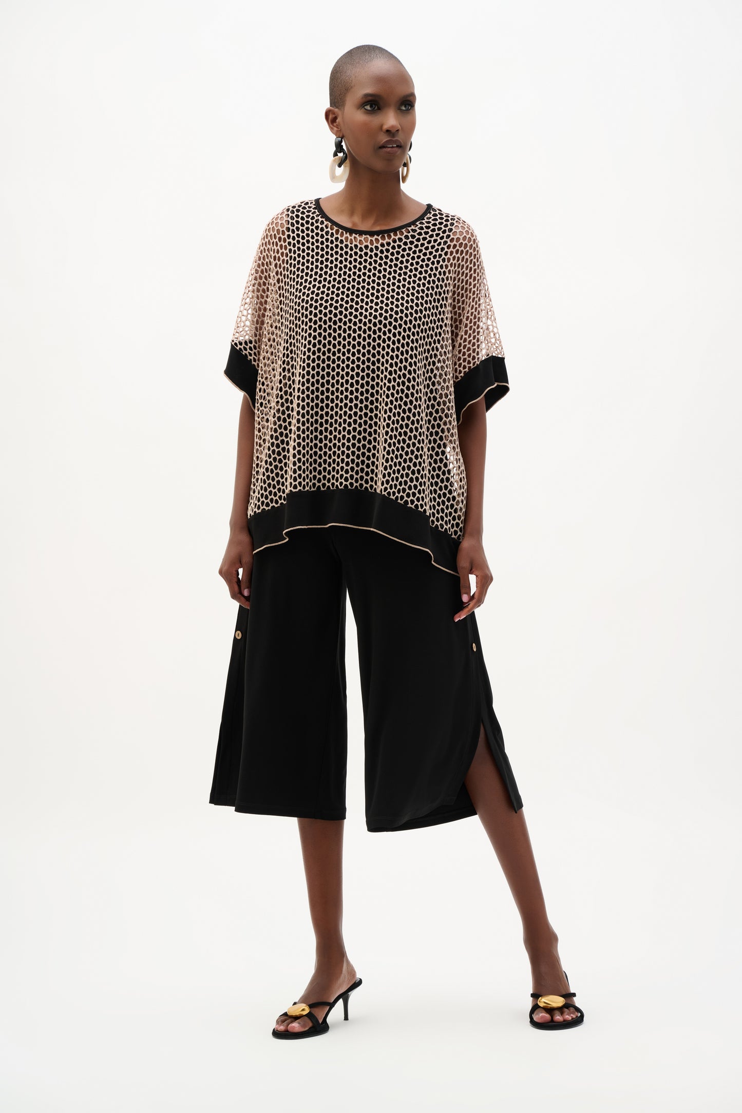 Silky Knit And Mesh Trapeze Top | Black/Beige