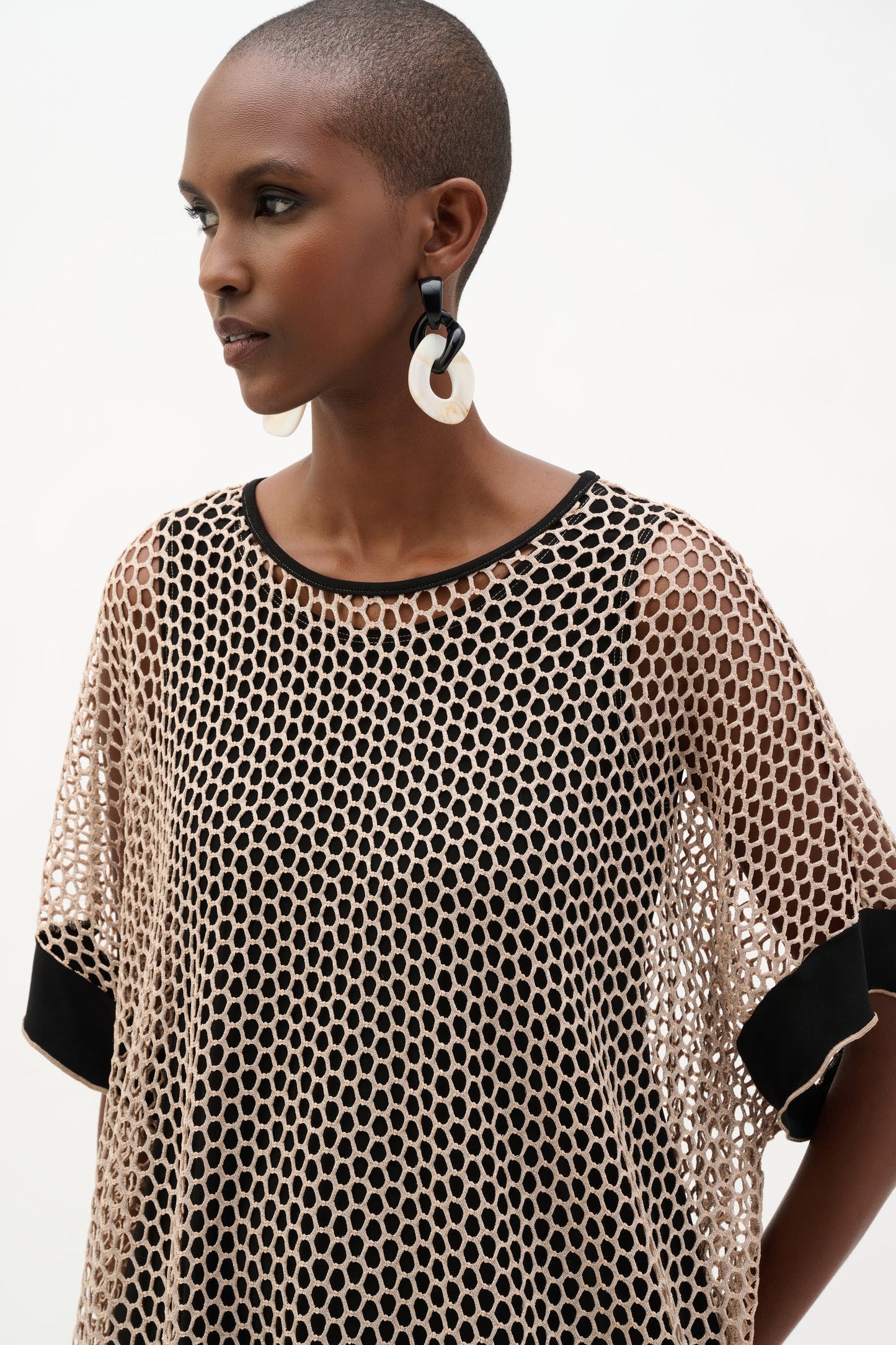 Silky Knit And Mesh Trapeze Top | Black/Beige