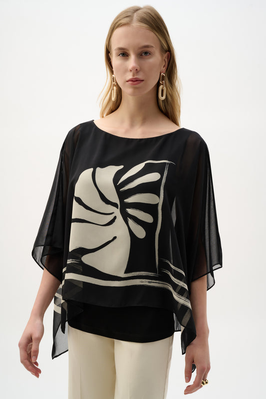 Tropical Silky Knit Poncho Top | Black/Beige