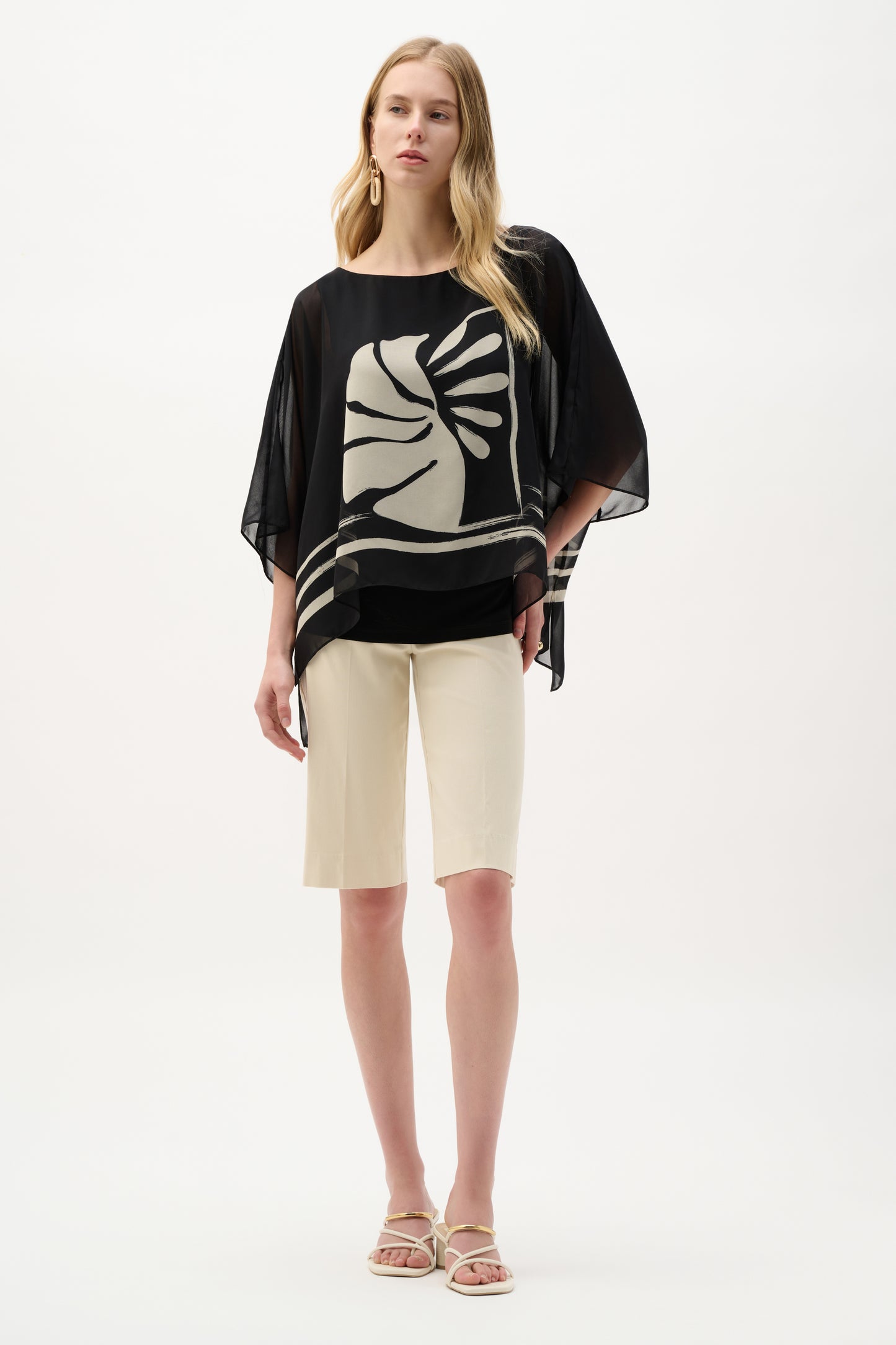 Tropical Silky Knit Poncho Top | Black/Beige