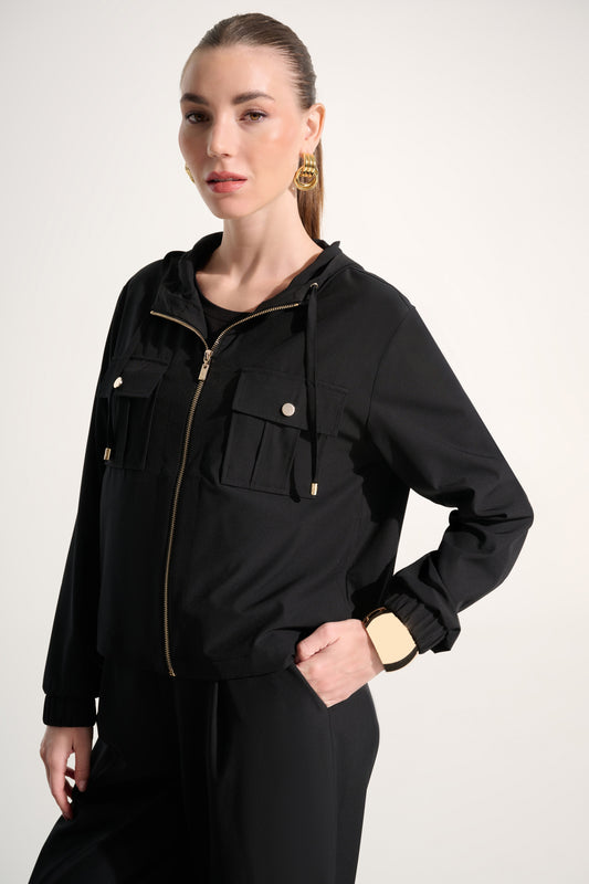 Stretch Woven Hooded Boxy Utility Jacket | Black