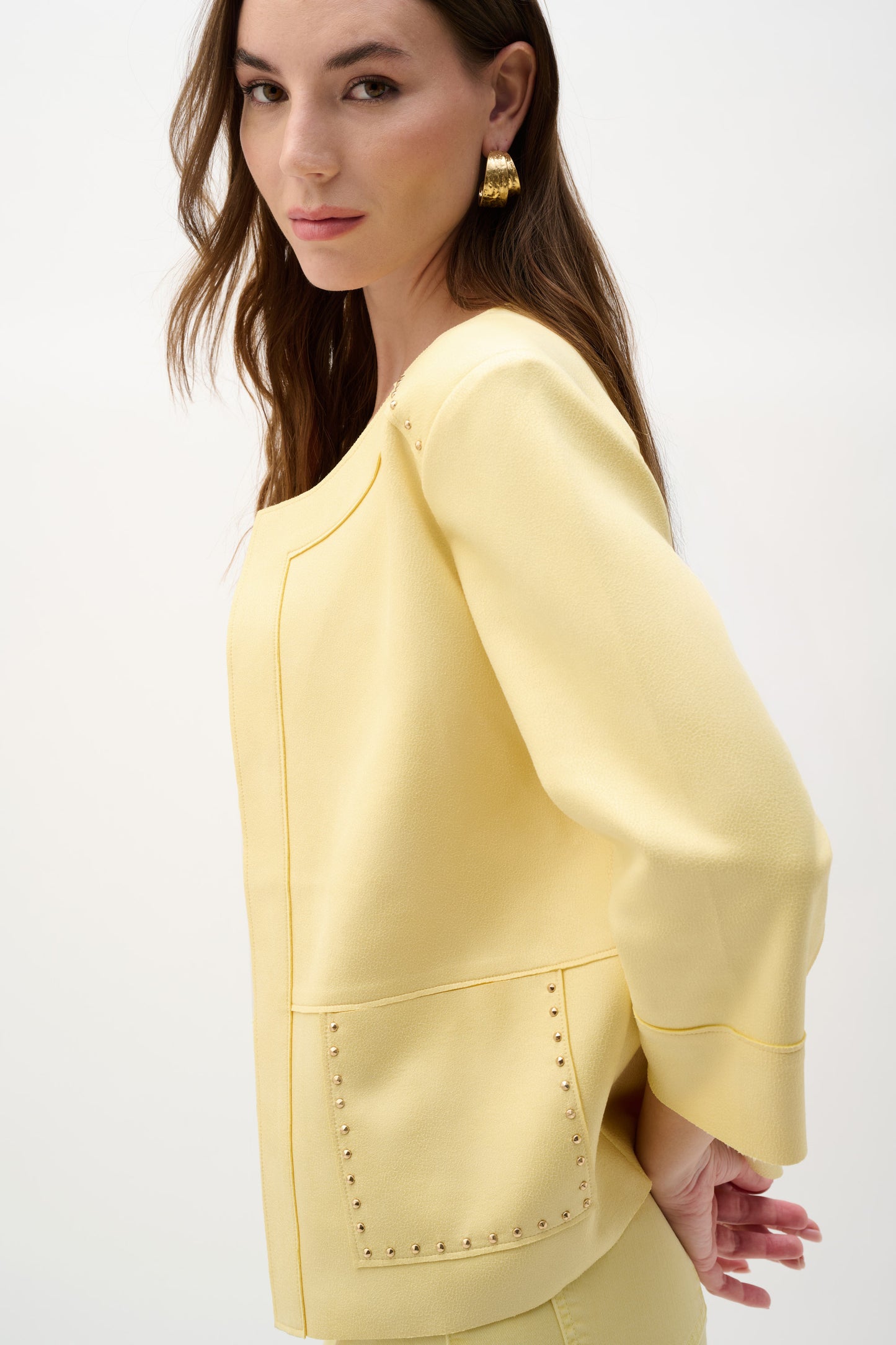 Foiled Scuba Suede Boxy Jacket With Stud Details | Mellow Yellow