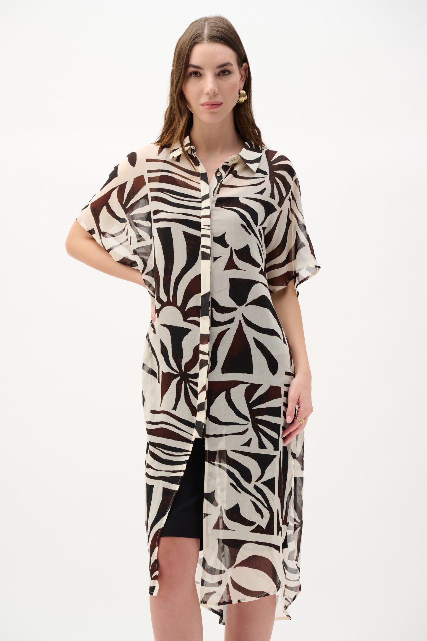 Chiffon Tropical Print Straight Blouse | Beige/Multi