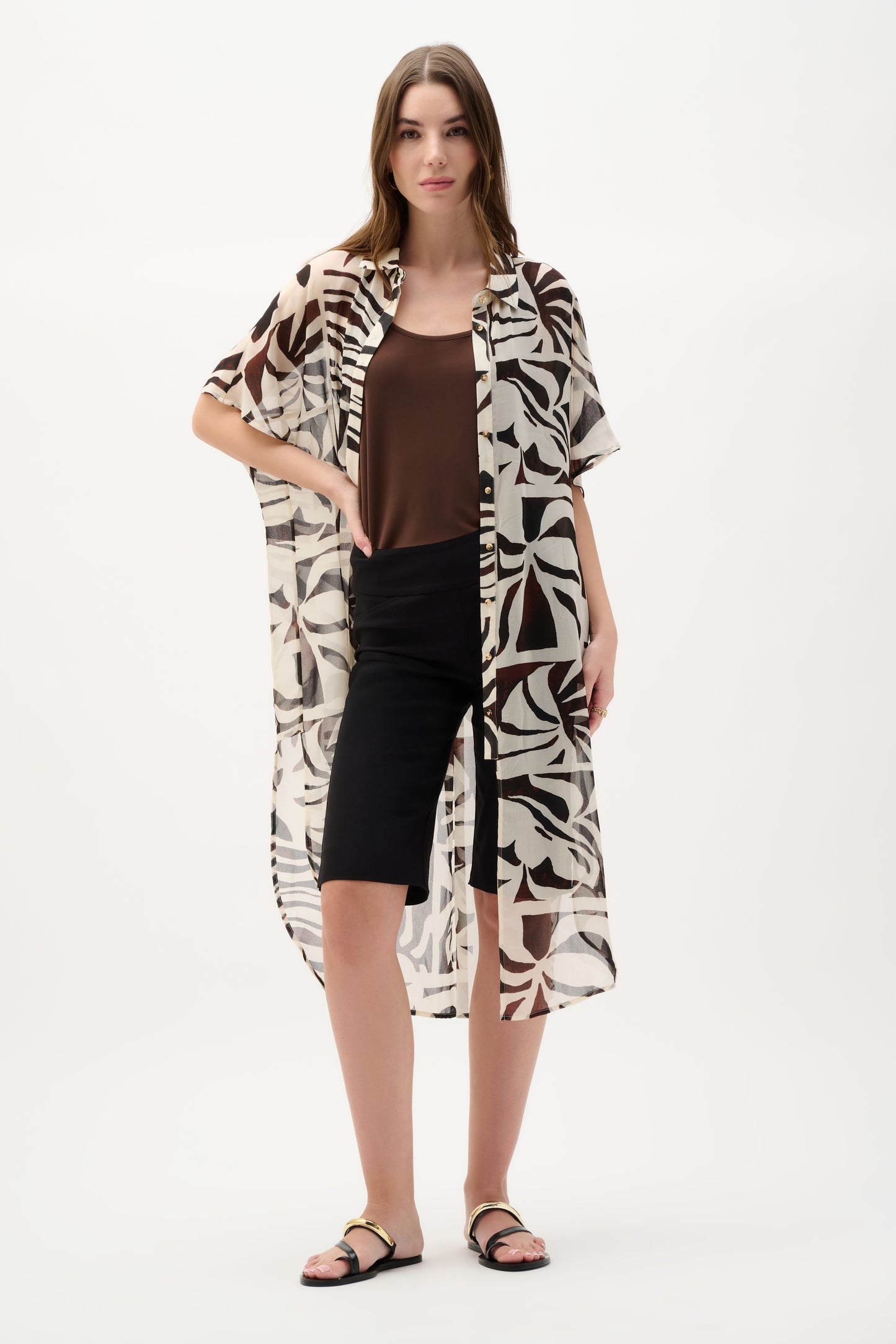 Chiffon Tropical Print Straight Blouse | Beige/Multi