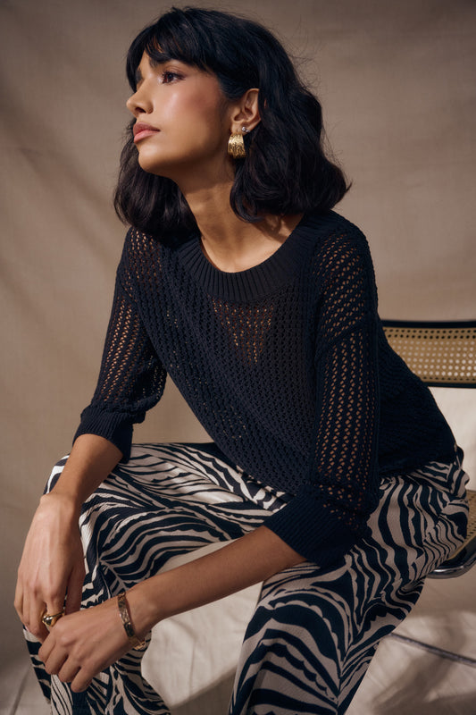 Acrylic Blend Open Stitch Sweater | Black