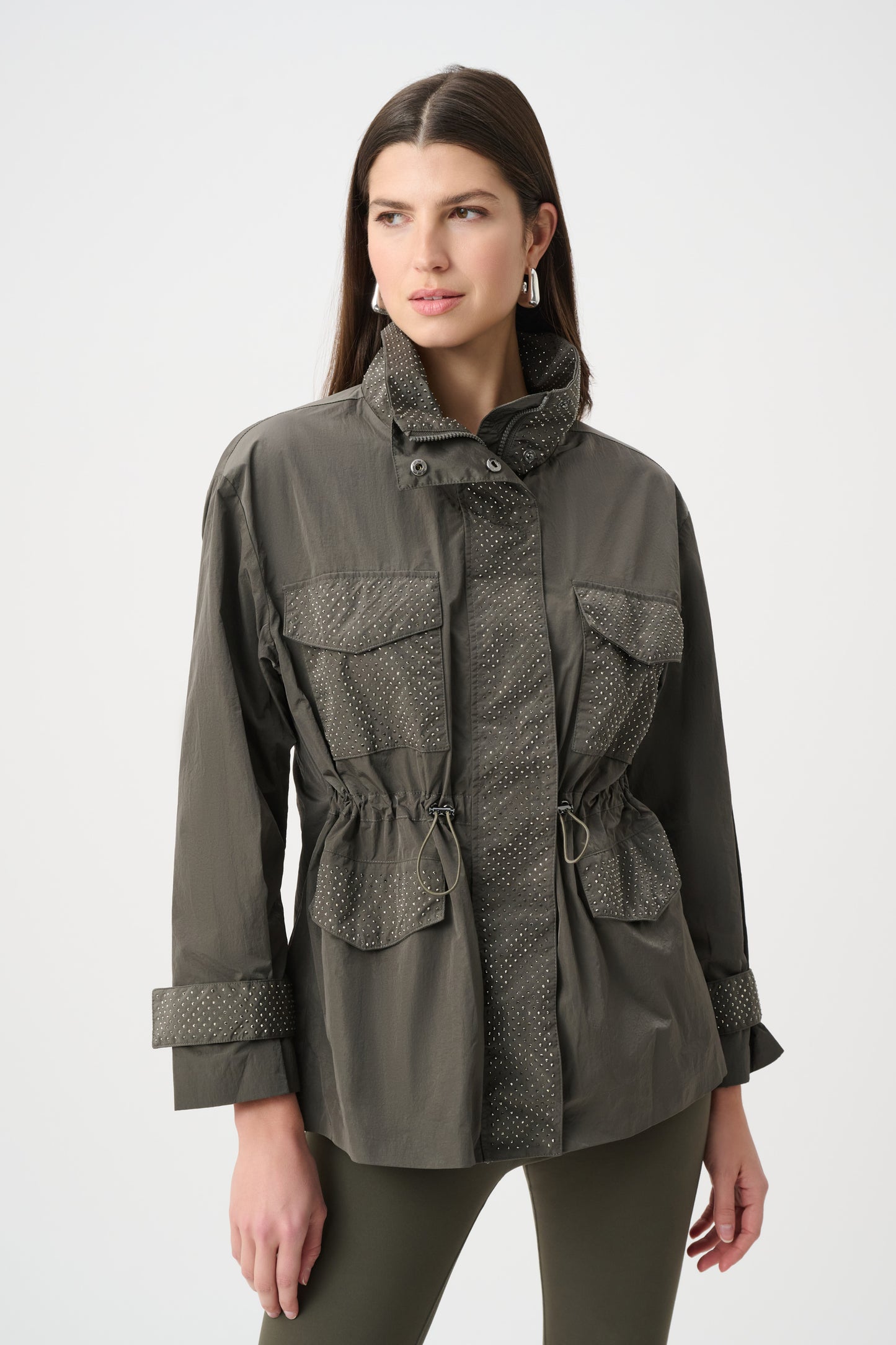 Nylon Mock-Neck Embellished Jacket | Avocado