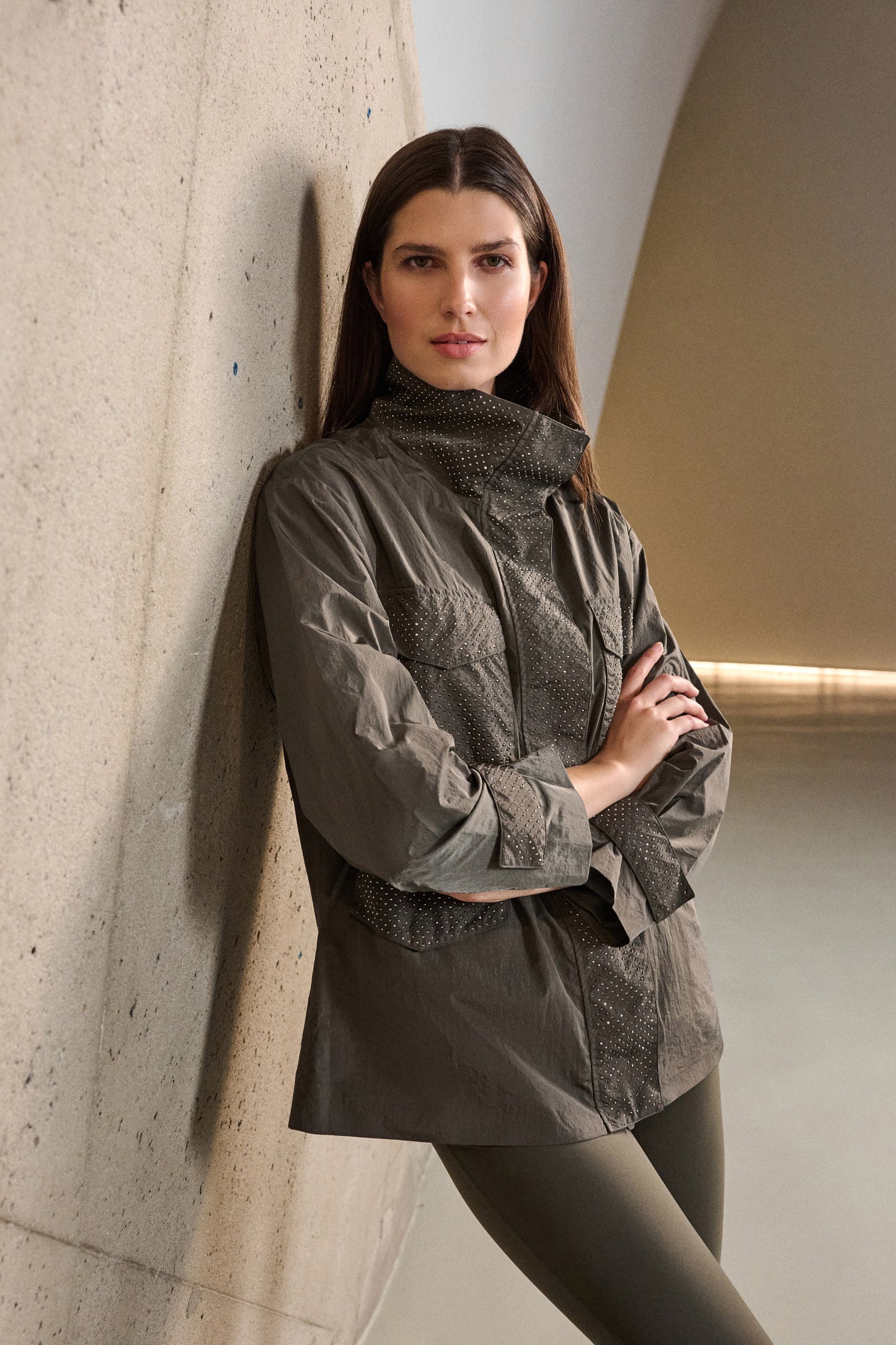Nylon Mock-Neck Embellished Jacket | Avocado