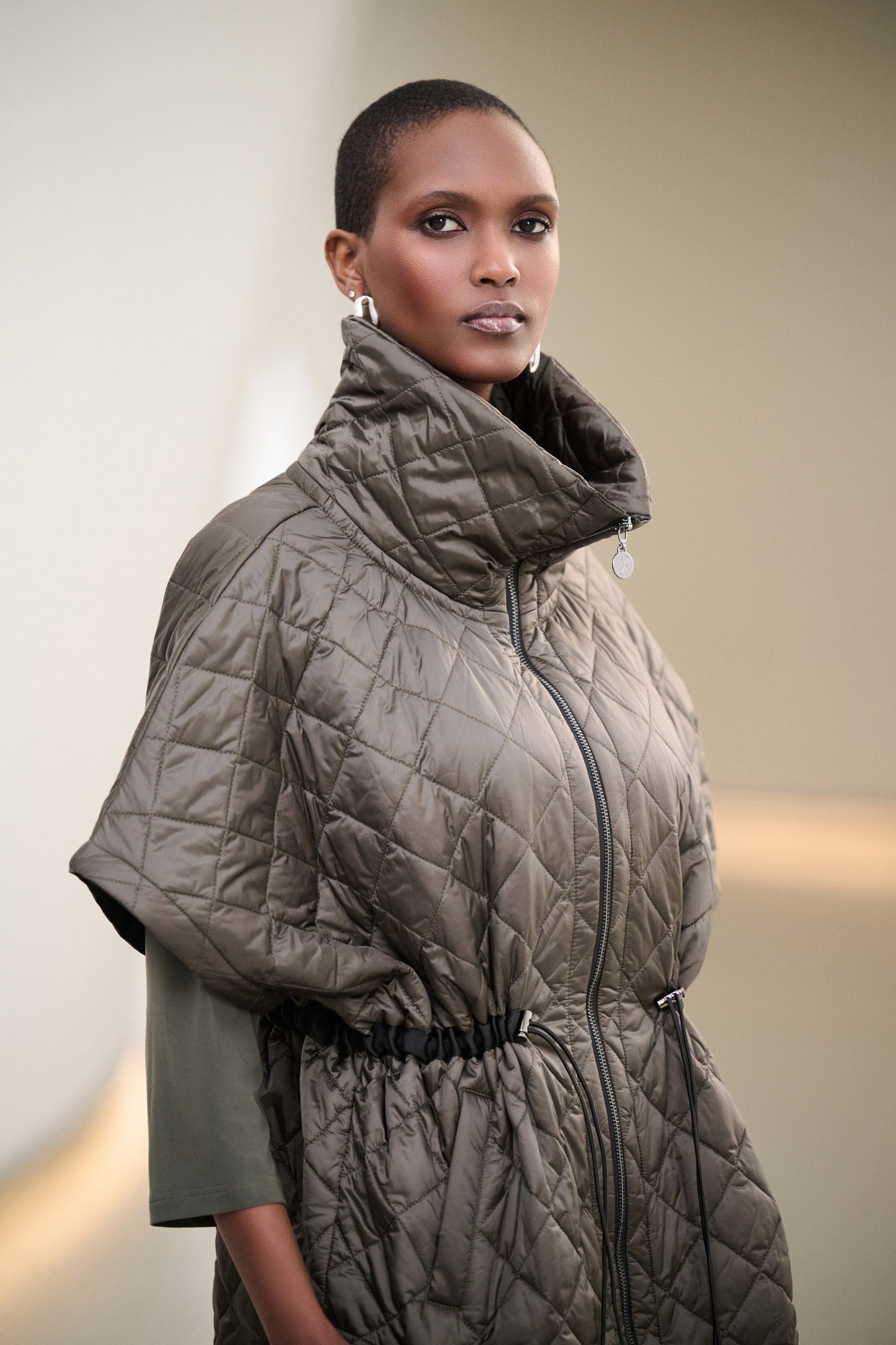 Quilted Shawl-Neck Boxy Vest | Avocado