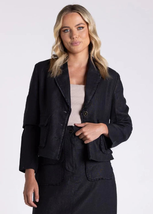 Crop Tweed Linen Crop Jacket | Black