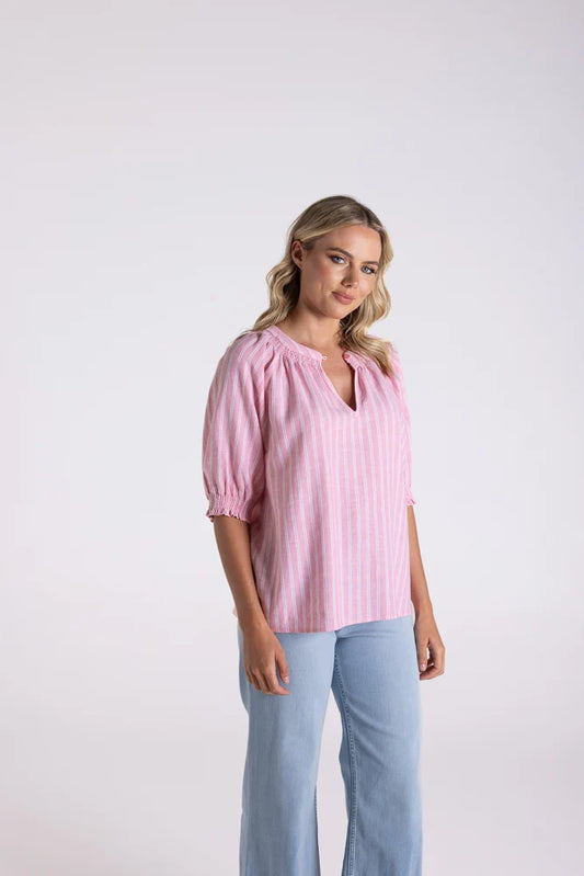 Linen Viscose Mini Stripe Top |Coral/White