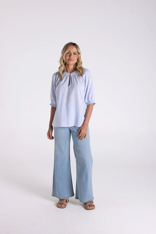 Linen Viscose Mini Stripe Top |Blue/White