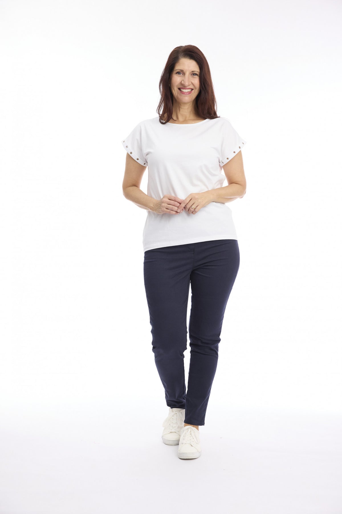 Eyelet Trim Drop Shoulder Tee | White