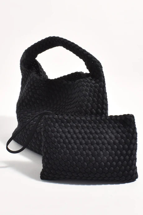 Kaia Neoprene Woven Tote & Pouch | Black
