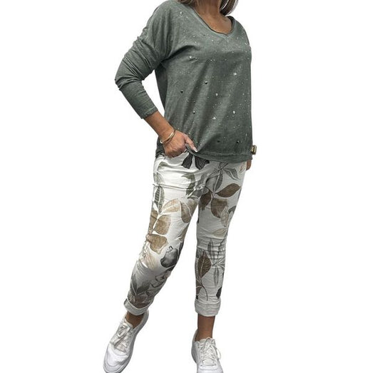 Leaf Print Pant | Beige