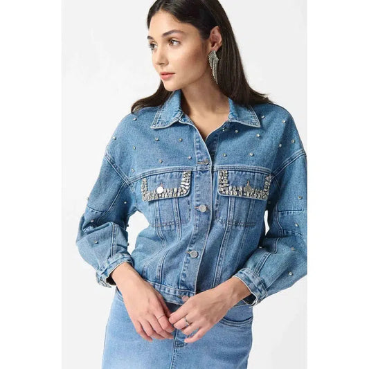 Embellished Diamante trim Boxy Denim Jacket-Joseph Ribkoff-Shop 12 Bendigo