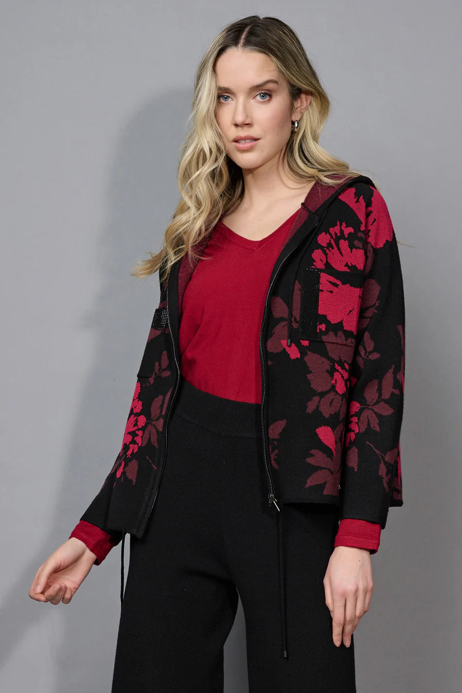 Zip Front Hooded Jacket | Bordeaux Multi