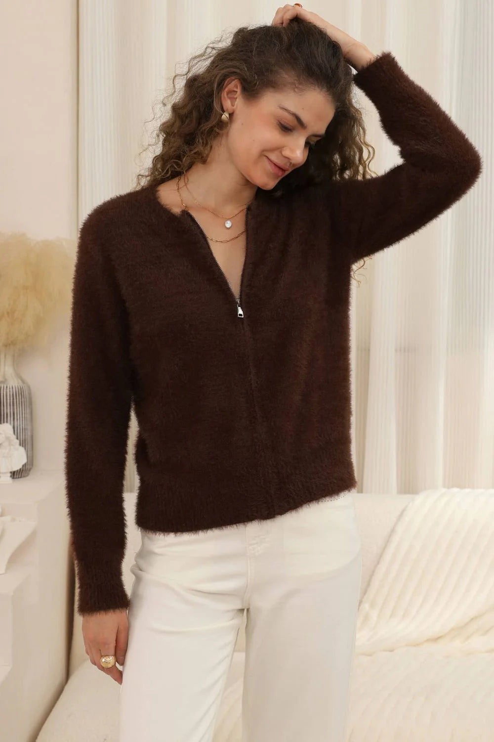 Halo Zipper Cardigan | Chocolate