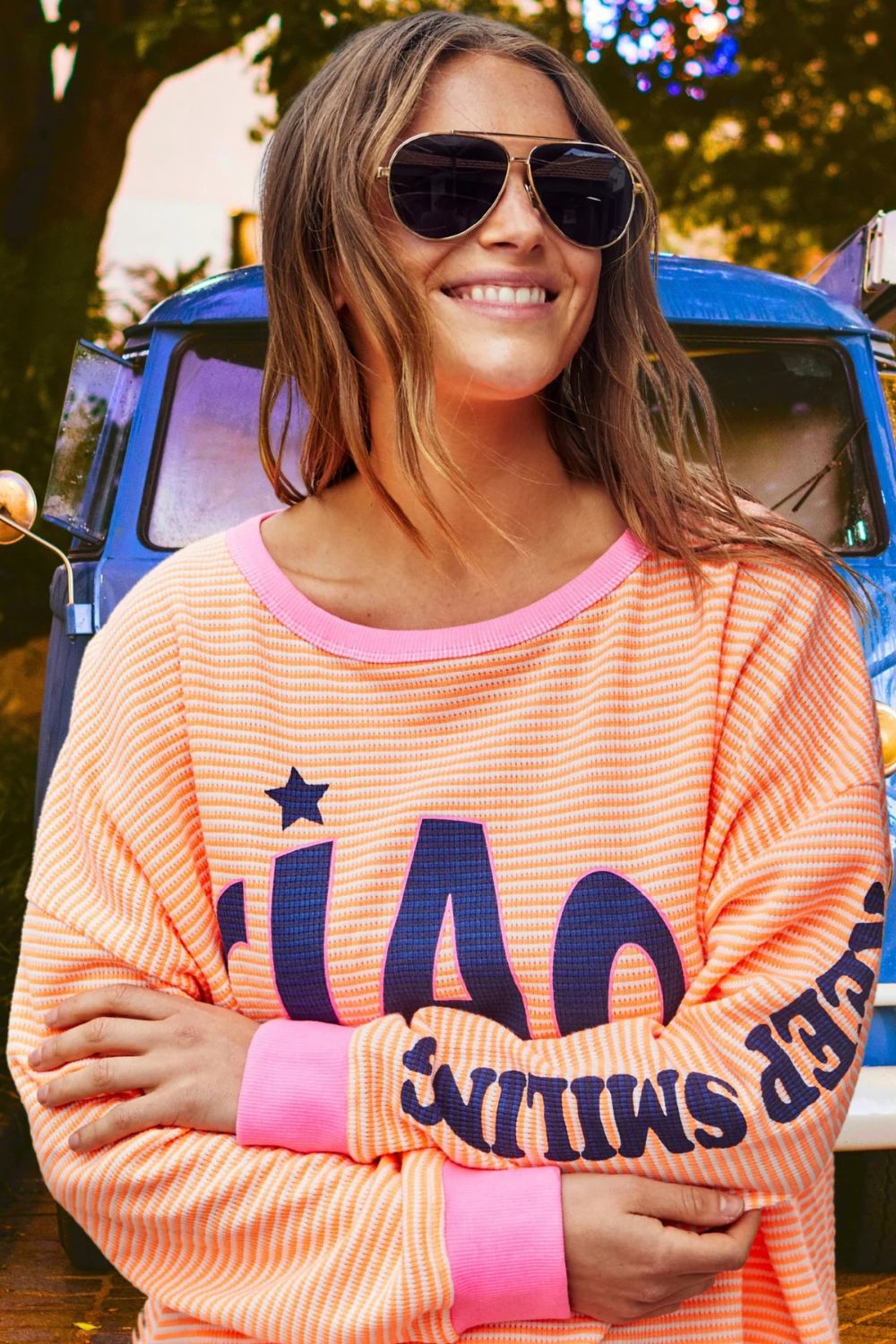 Ciao Stripe Waffle Top | Orange/White